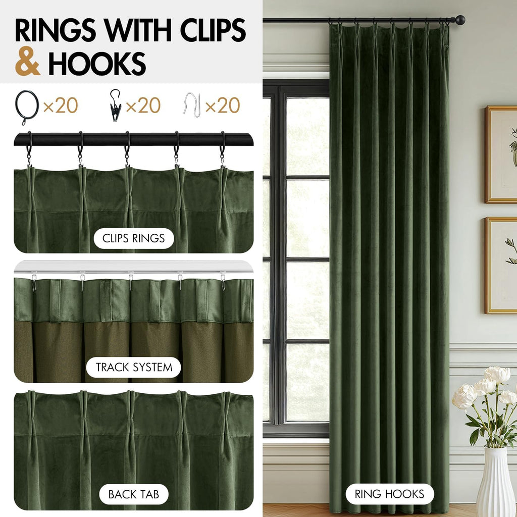 MIULEE Velvet Pinch Pleated Blackout Olive Green Curtains 40x96 Inches