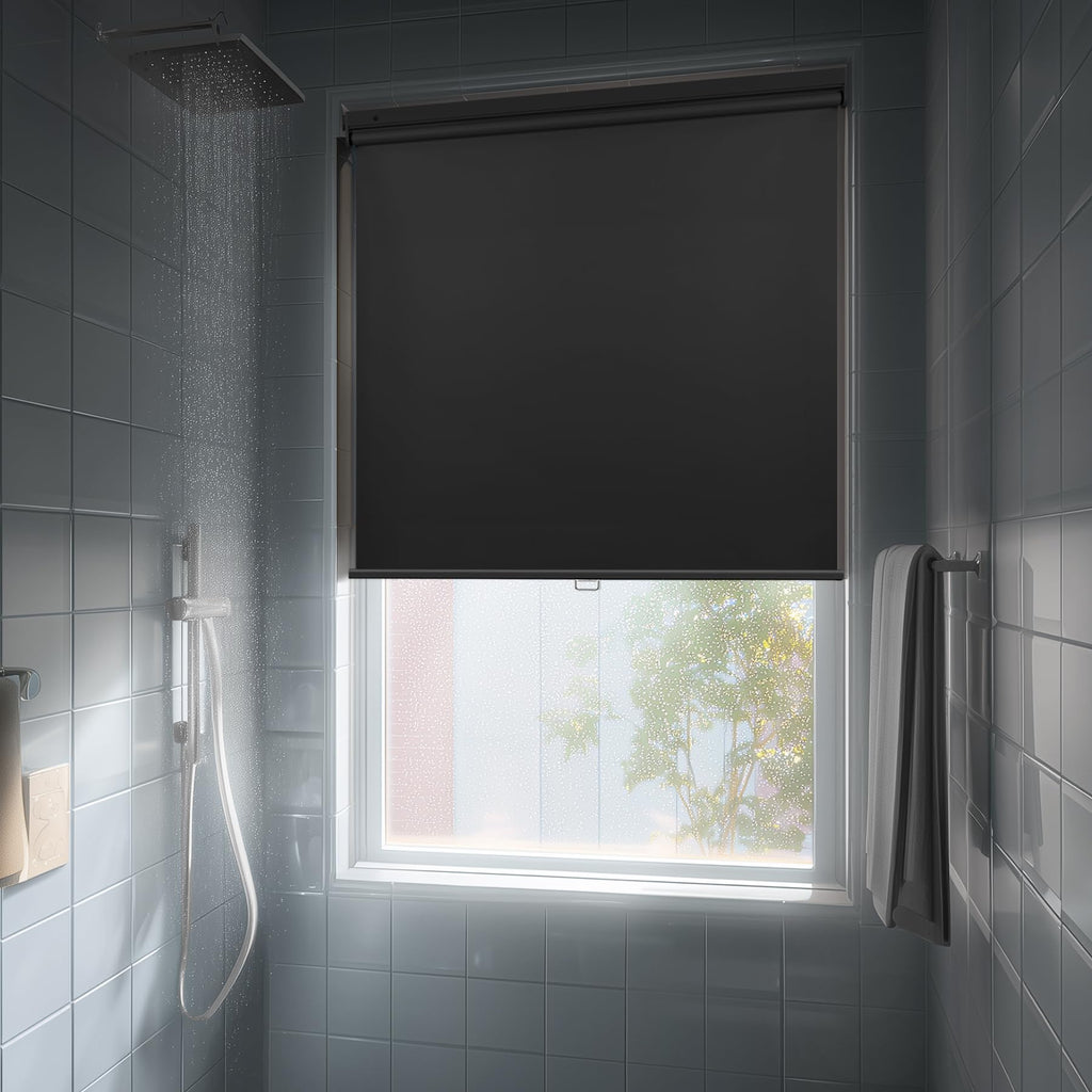 HESTIA No Drill Cordless Blackout Roller Shades Screwless Waterproof Shower Window Blinds, Auto-Retraction Easy Install Blind for Bathroom/Kitchen/Office/Exterior, White, 21" W x 54" H