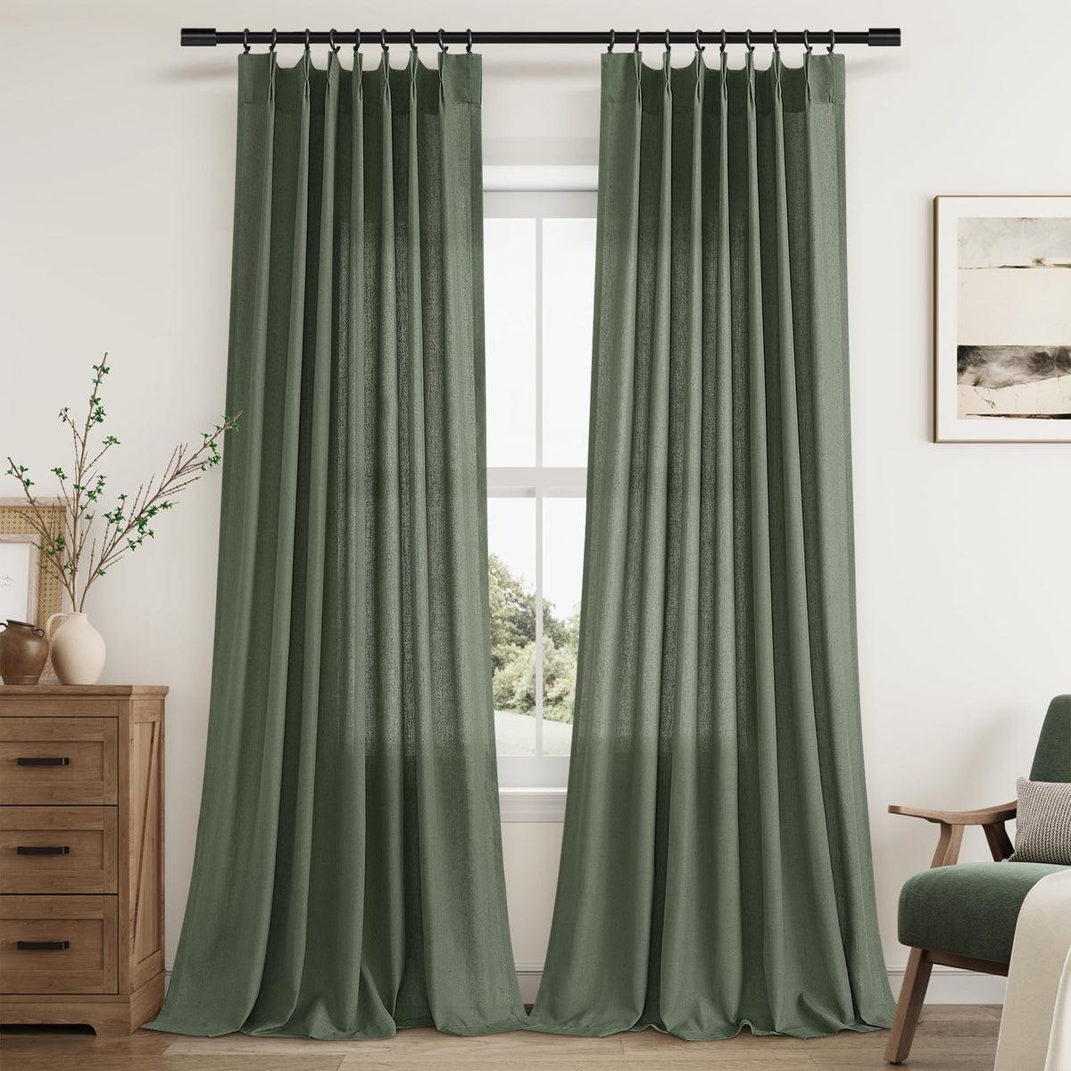 Aersas Linen Pinch Pleated Curtains 84 Inch Length 2 Panels Set for Living Room Cream Semi Sheer Window Curtain for Bedroom Boho Farmhouse Neutral Back Tab Drape Decor with Hooks, Natural Beige Ivory