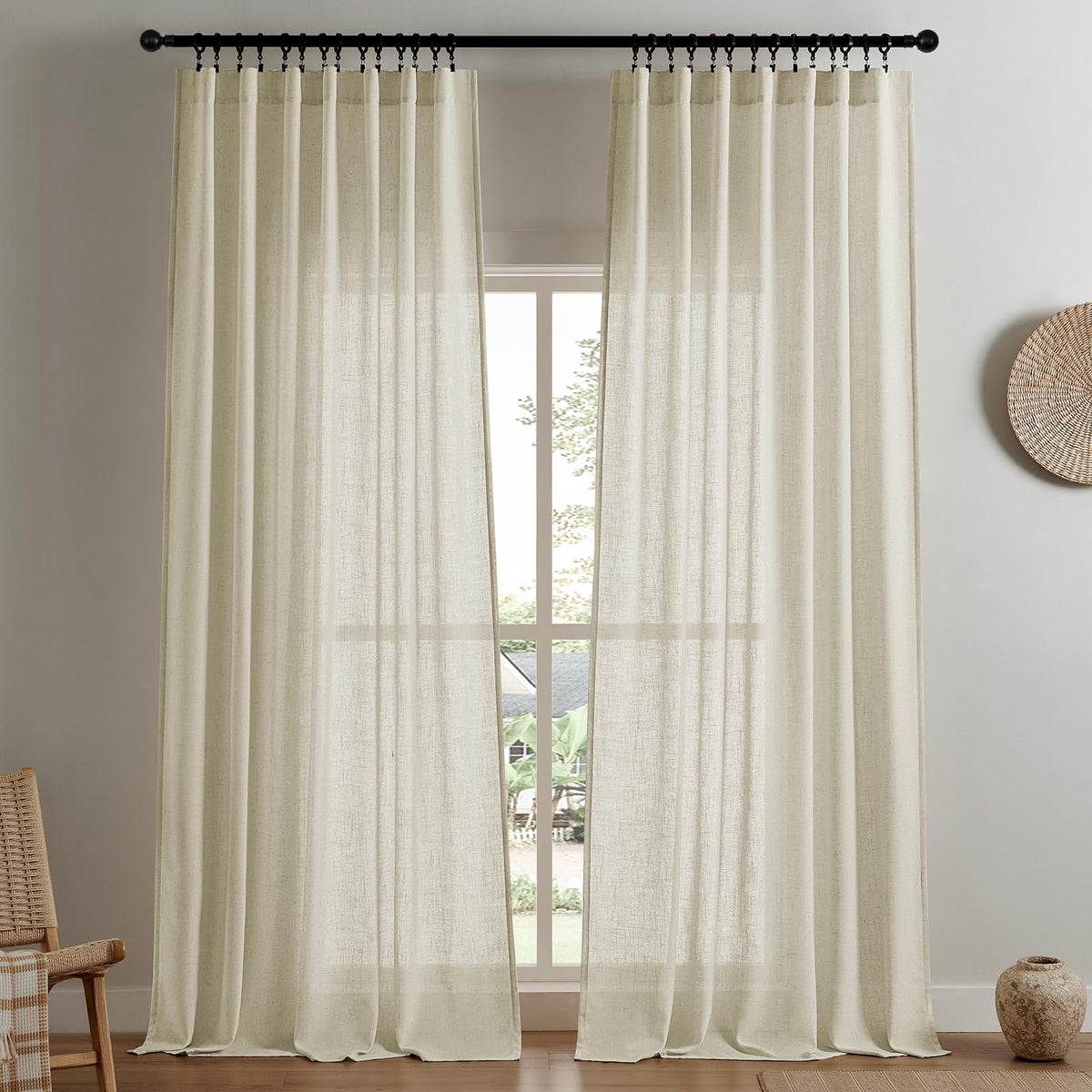 Joydeco Linen Curtains 84 Inch Length 2 Panels,Light Filtering Drapes 52 Inches Wide with Back Tab Rod Pockets (84" L x 52" W, Ivory on Linen)