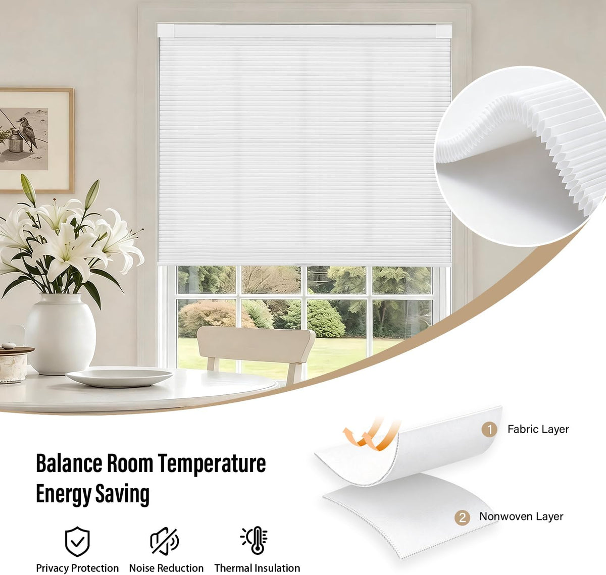AOSKY No Drill Cordless Light Filtering Cellular Shade 34" W x 48" H White