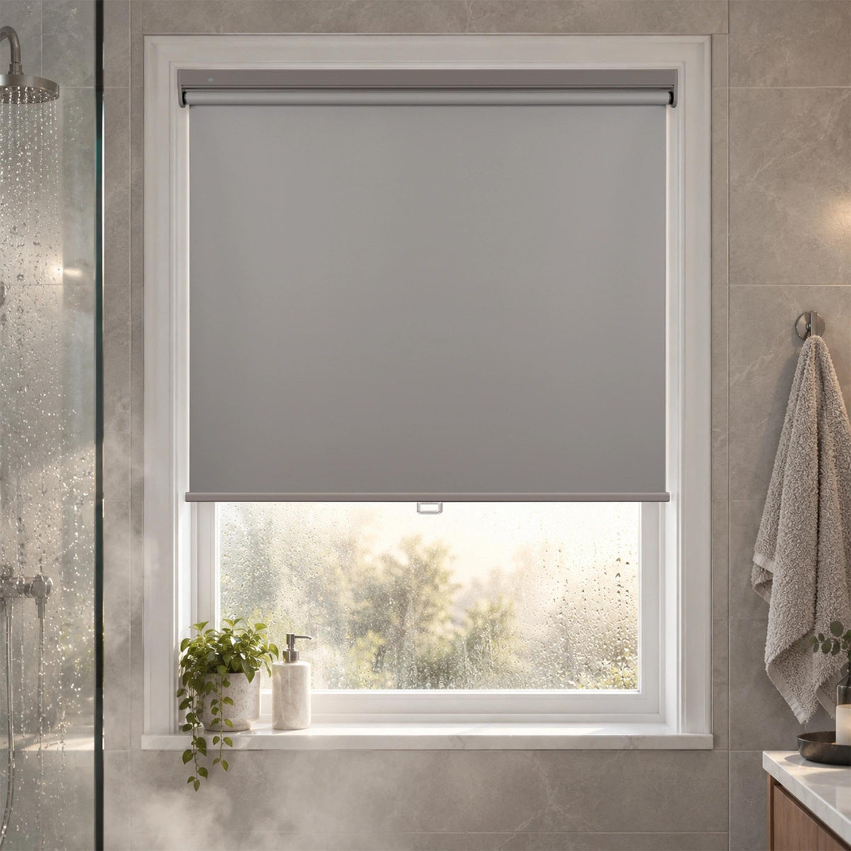HESTIA No Drill Cordless Blackout Roller Shades Screwless Waterproof Shower Window Blinds, Auto-Retraction Easy Install Blind for Bathroom/Kitchen/Office/Exterior, White, 21" W x 54" H