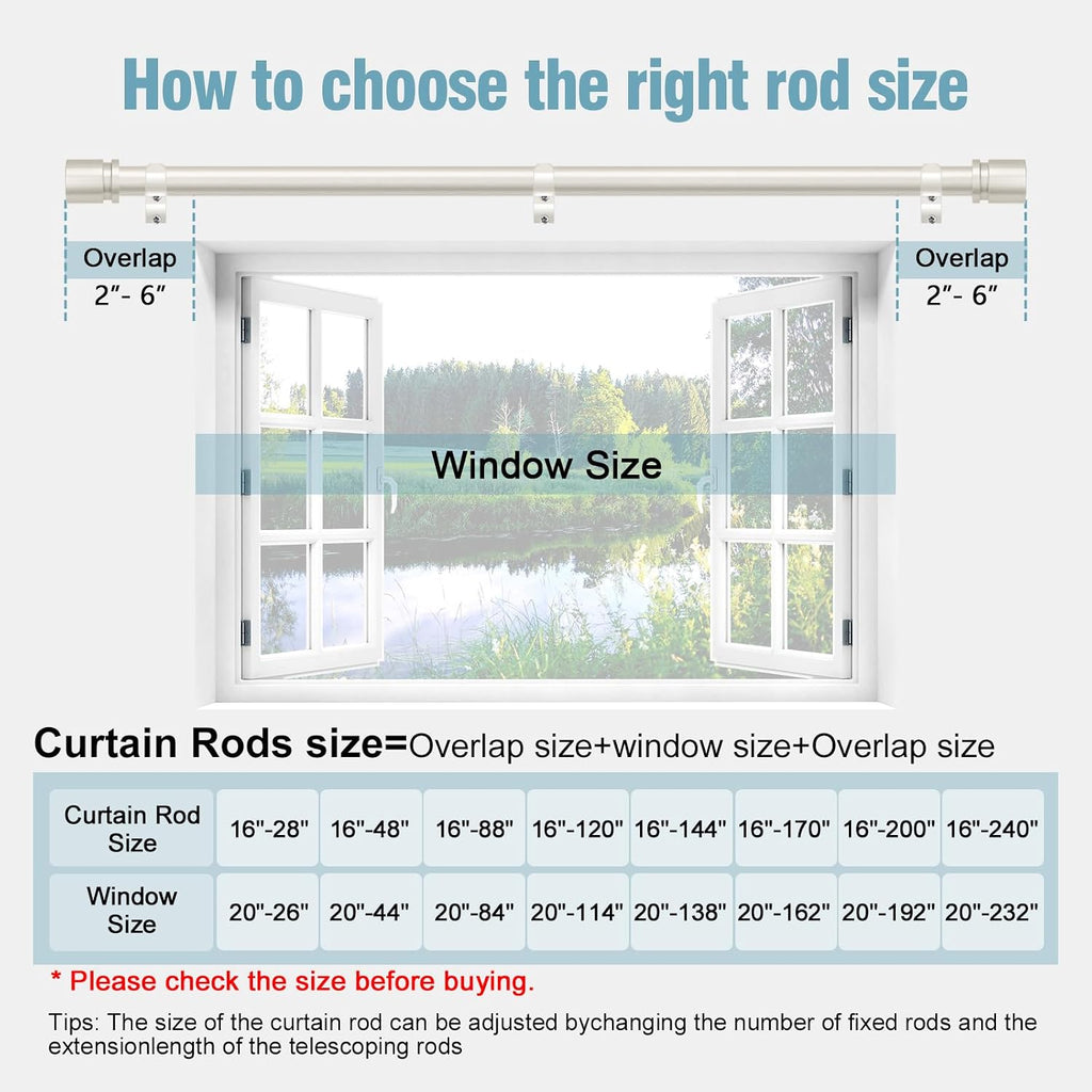 Byondeth Curtain Rods for Windows 16 to 144 Inches Adjustable Length 1 Inch Diameter Window Curtain Rod with Aluminium End Cap, Brushed Nickel