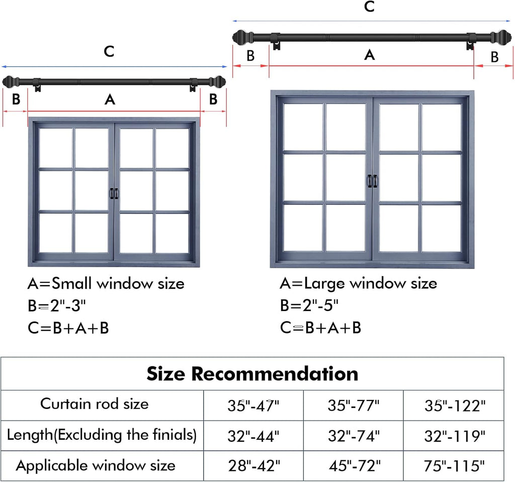 Curtain Rods for Windows 35-47 inch, 5/8 inch Matte Black Curtain Rod with Brackets Adjustable Telescoping for Bedroom Kitchen Study Living Room