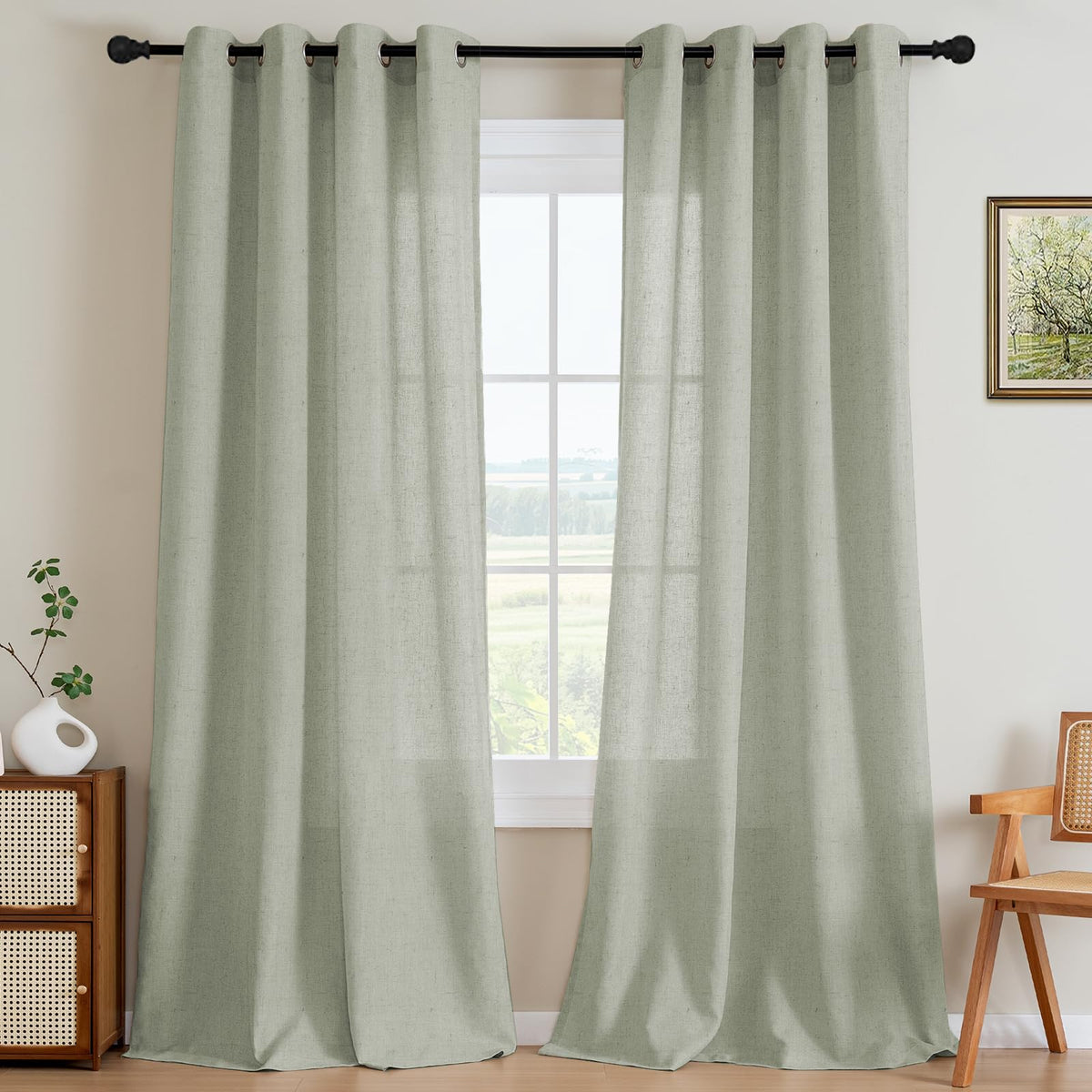 H.VERSAILTEX Natural Linen Grommet Curtains 84 Inch Length for Living Room 2 Panel Drape Semi Sheer Neutral Country Rustic Farmhouse Boho Curtain Bedroom Muslin Look Light Filtering, Heathered Natural