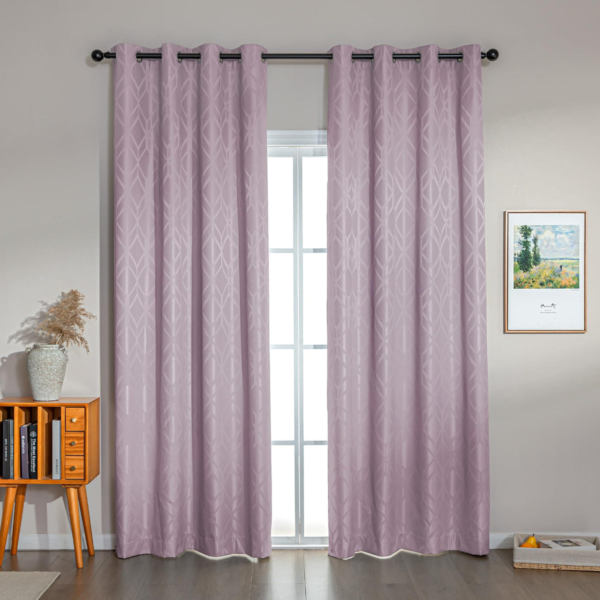 Amazon Basics Jacquard 2-Piece 100% Blackout Curtains, Living Room and Bedroom Drapes, Thermal Insulated Window Treatment, 52"x84", Beige