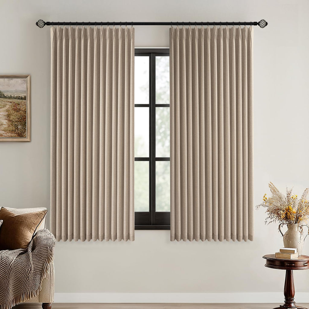 MIULEE Olive Green Pinch Pleated 100% Blackout Linen Curtains 40x108 Inches