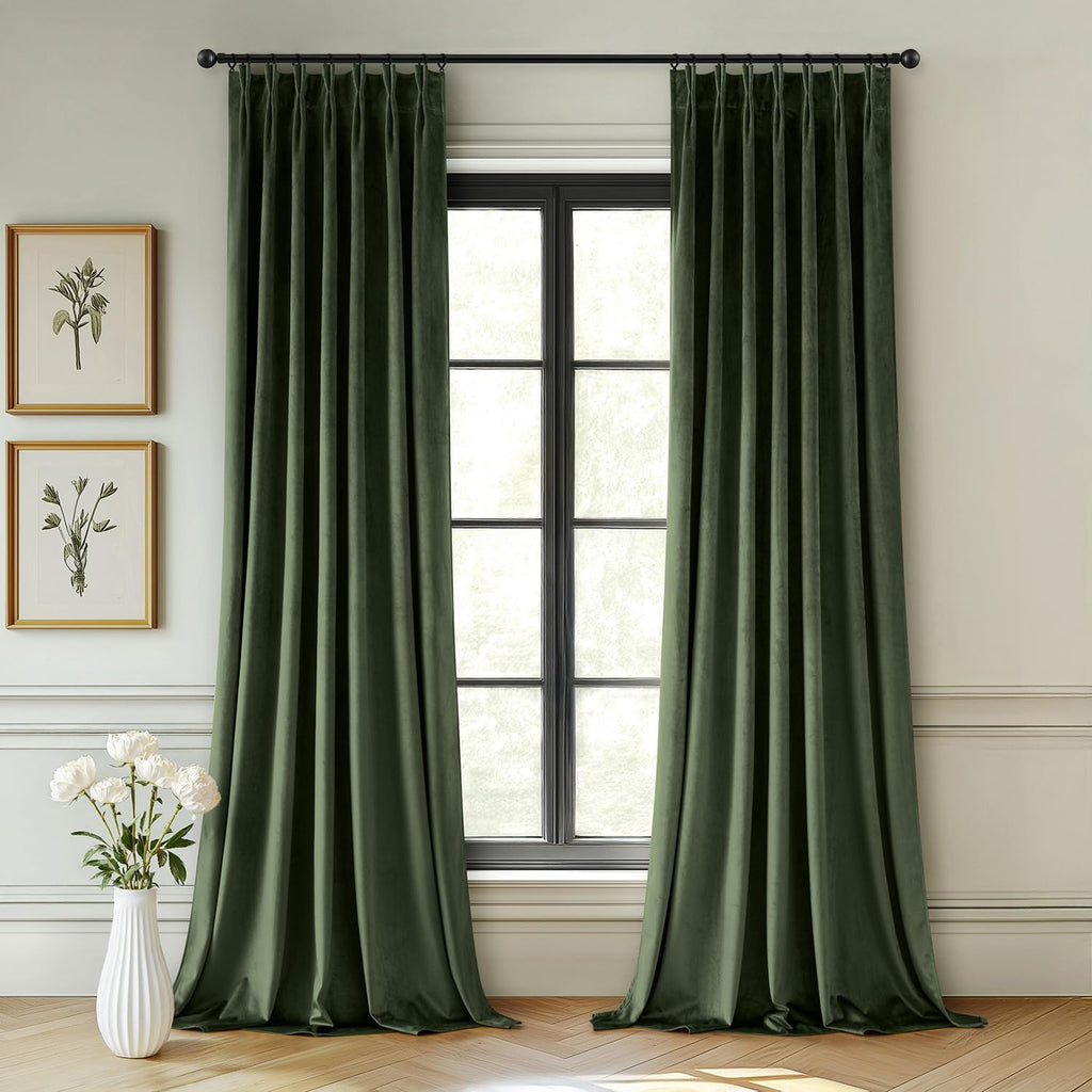 MIULEE Velvet Pinch Pleated Blackout Olive Green Curtains 40x96 Inches