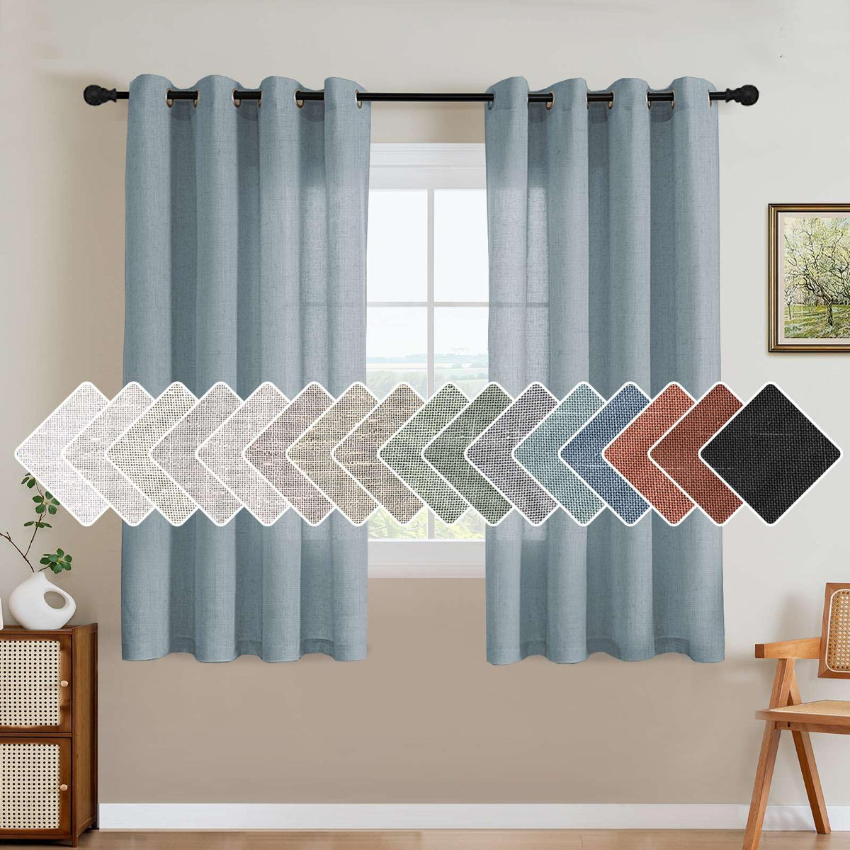 H.VERSAILTEX Natural Linen Grommet Curtains 84 Inch Length for Living Room 2 Panel Drape Semi Sheer Neutral Country Rustic Farmhouse Boho Curtain Bedroom Muslin Look Light Filtering, Heathered Natural