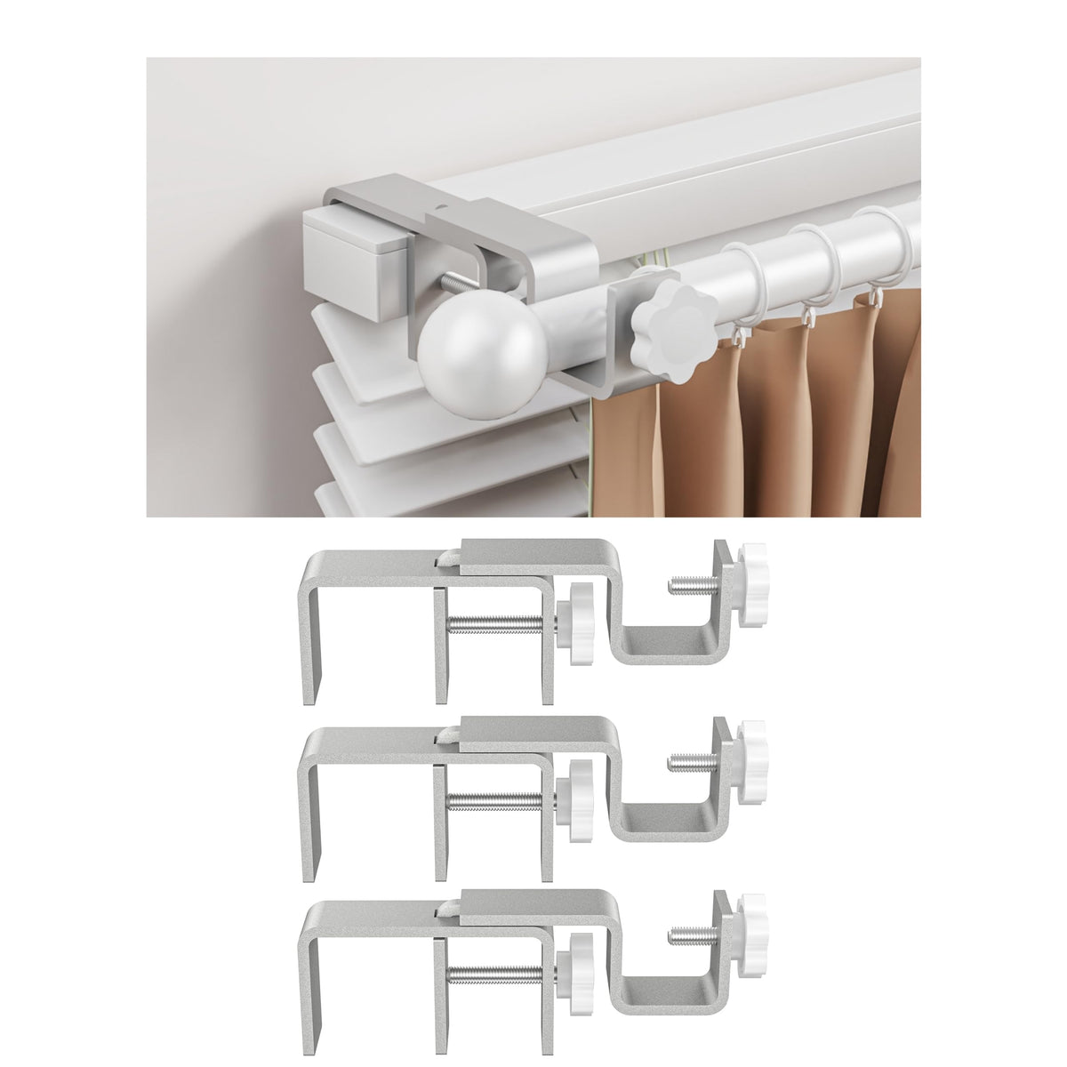 Over-Blinds Curtain Rod Brackets for Outside-Mounted Blinds, Blinds Curtain Rod Brackets for 1.3–2” Rectangular Headrails, Tool-Free No-Drill Installation for Apartments, Rentals Set of 2 (Black)