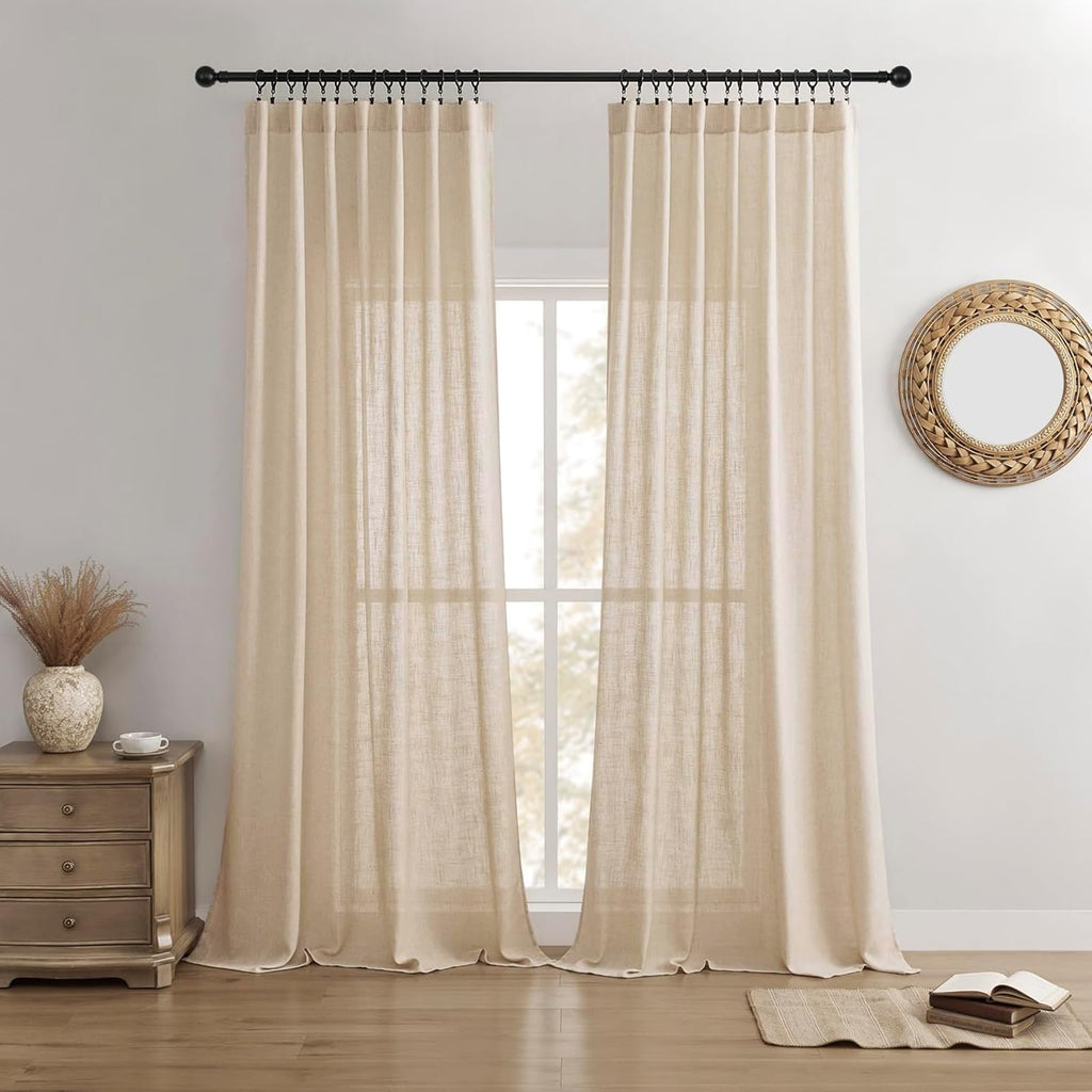 Joydeco Linen Curtains 84 Inch Length 2 Panels,Light Filtering Drapes 52 Inches Wide with Back Tab Rod Pockets (84" L x 52" W, Ivory on Linen)