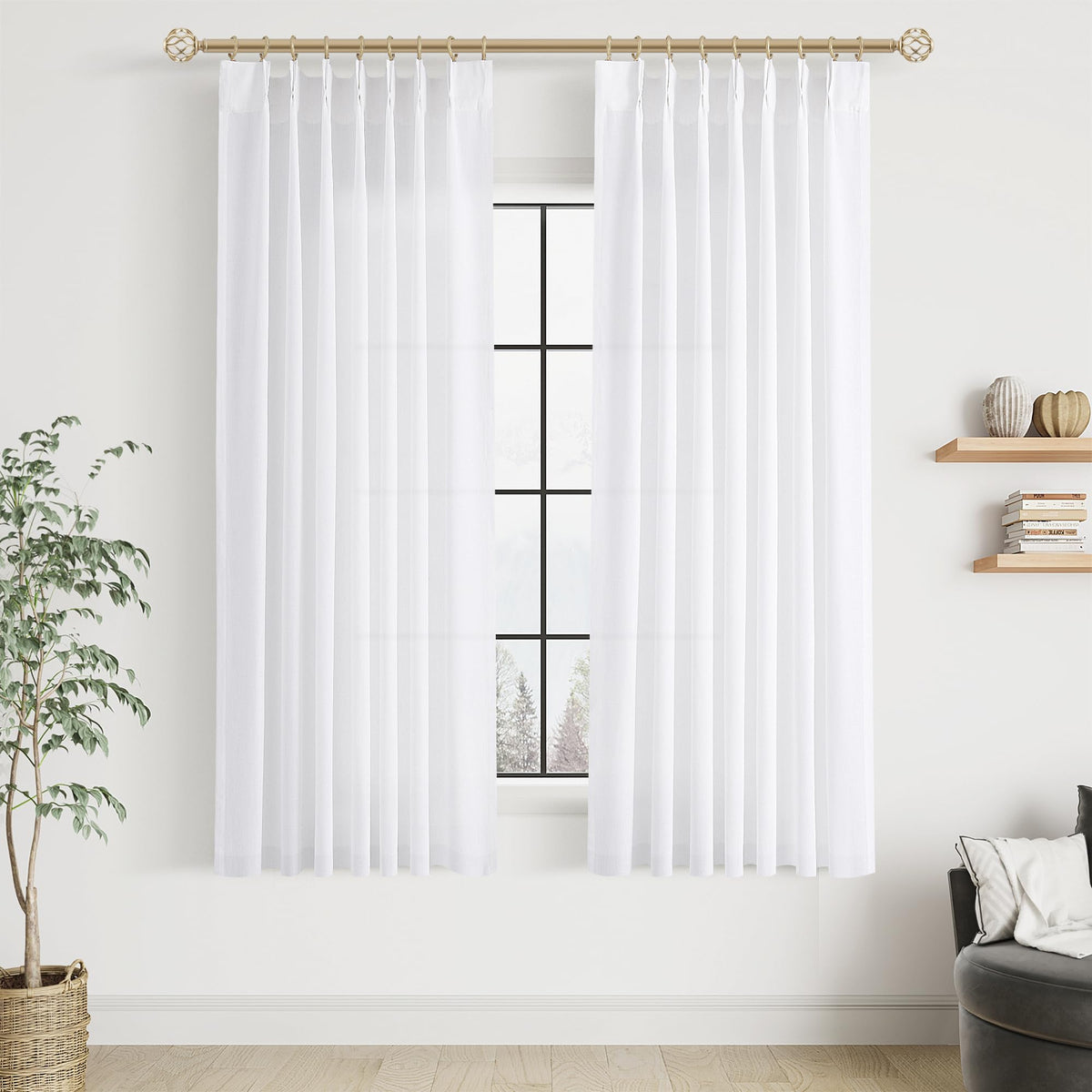 Aersas Linen Pinch Pleated Curtains 84 Inch Length 2 Panels Set for Living Room Cream Semi Sheer Window Curtain for Bedroom Boho Farmhouse Neutral Back Tab Drape Decor with Hooks, Natural Beige Ivory