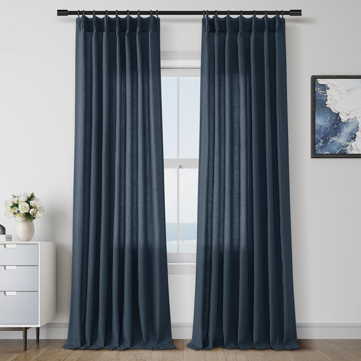 Aersas Linen Pinch Pleated Curtains 84 Inch Length 2 Panels Set for Living Room Cream Semi Sheer Window Curtain for Bedroom Boho Farmhouse Neutral Back Tab Drape Decor with Hooks, Natural Beige Ivory