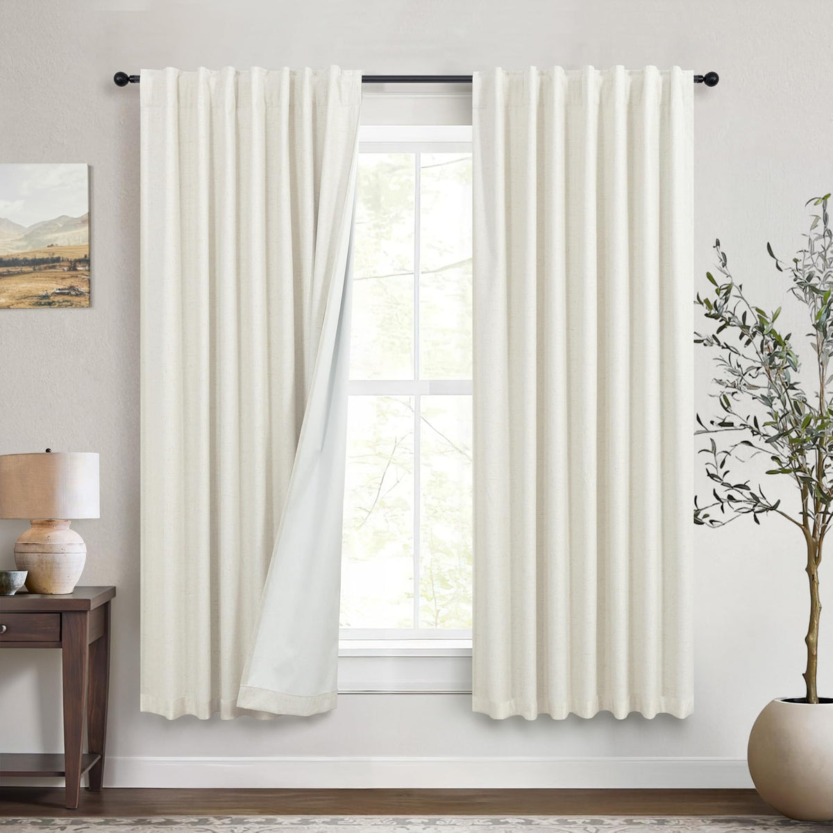 Natural Linen Back Tab Blackout Curtains & Drapes 96 Inch Long for Bedroom Livingroom Farmhouse Curtain 2 Panel Neutral Cute Black Out Room Darkening Thermal Insulated 8ft Pleated Window Curtain Cream