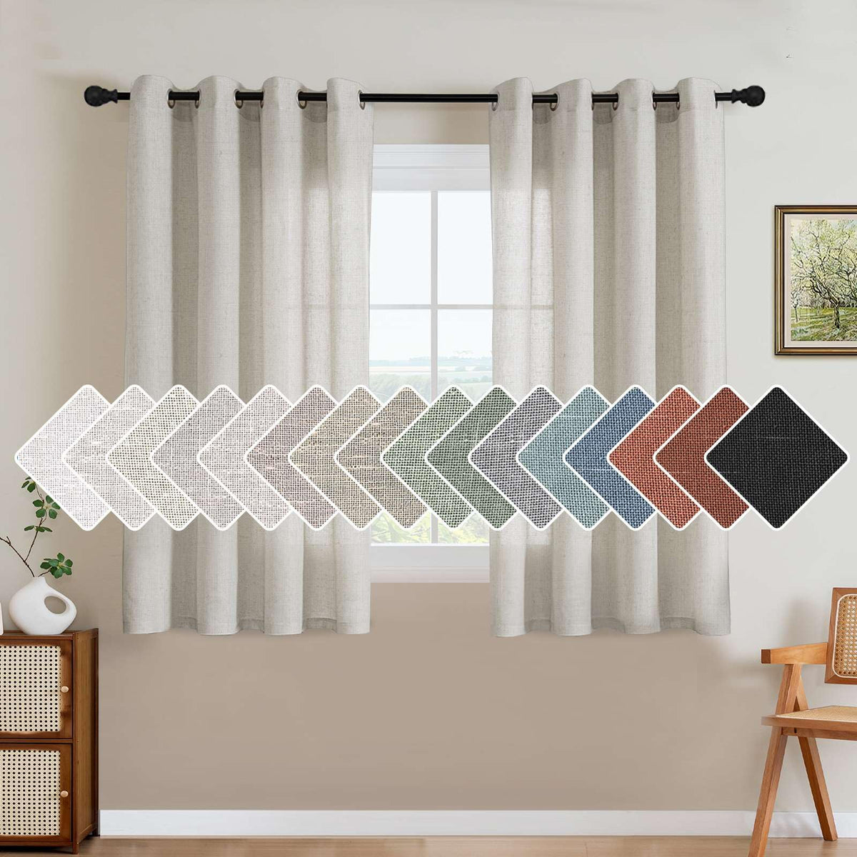 H.VERSAILTEX Natural Linen Grommet Curtains 84 Inch Length for Living Room 2 Panel Drape Semi Sheer Neutral Country Rustic Farmhouse Boho Curtain Bedroom Muslin Look Light Filtering, Heathered Natural