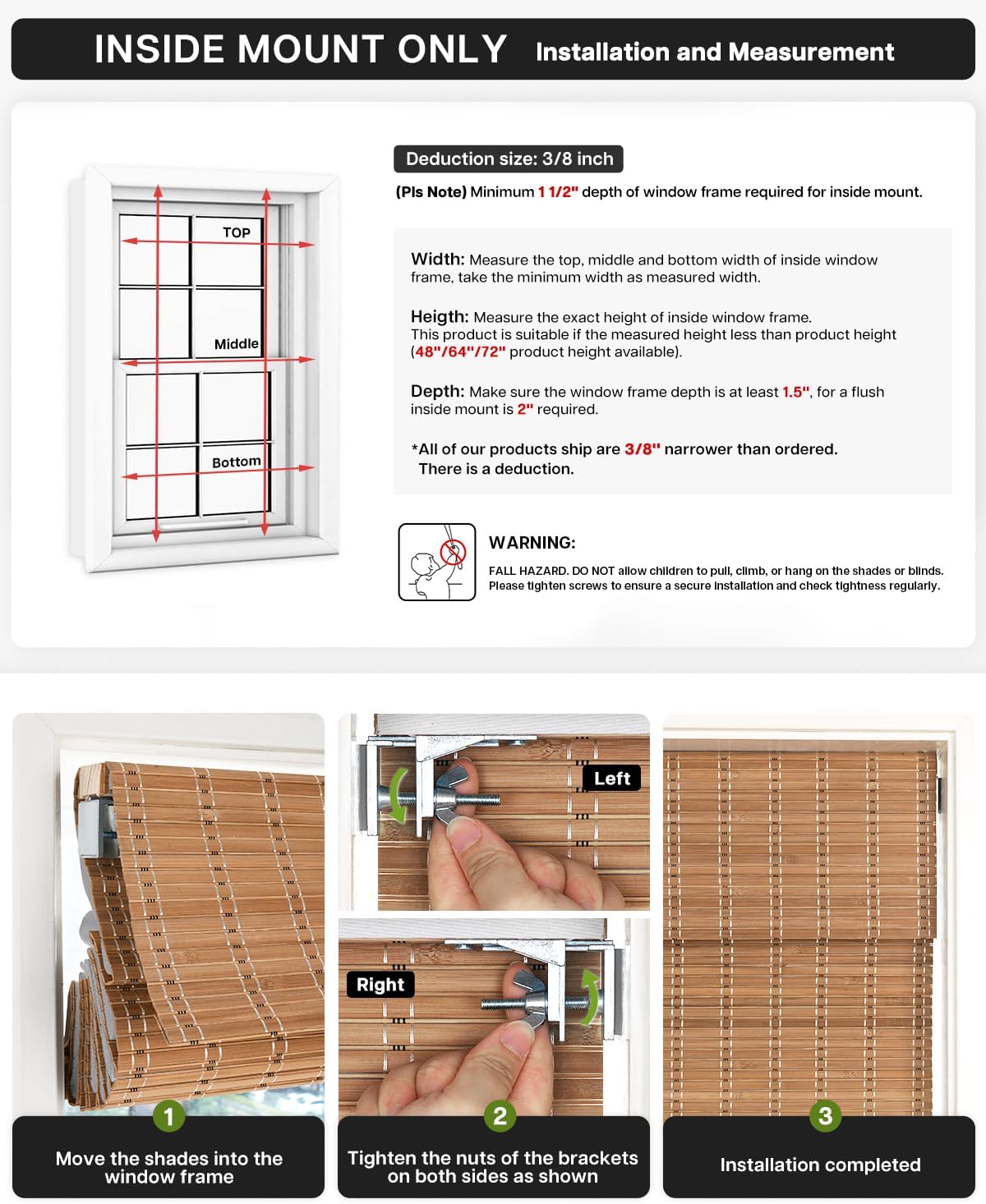 LazBlinds 100% Blackout No Drill Bamboo Roman Shades, Cordless Bamboo Blinds for Indoor Windows, Room Darkening Shades for Home & Patio, Thermal Insulated, Brown206, 20" W x 48" H