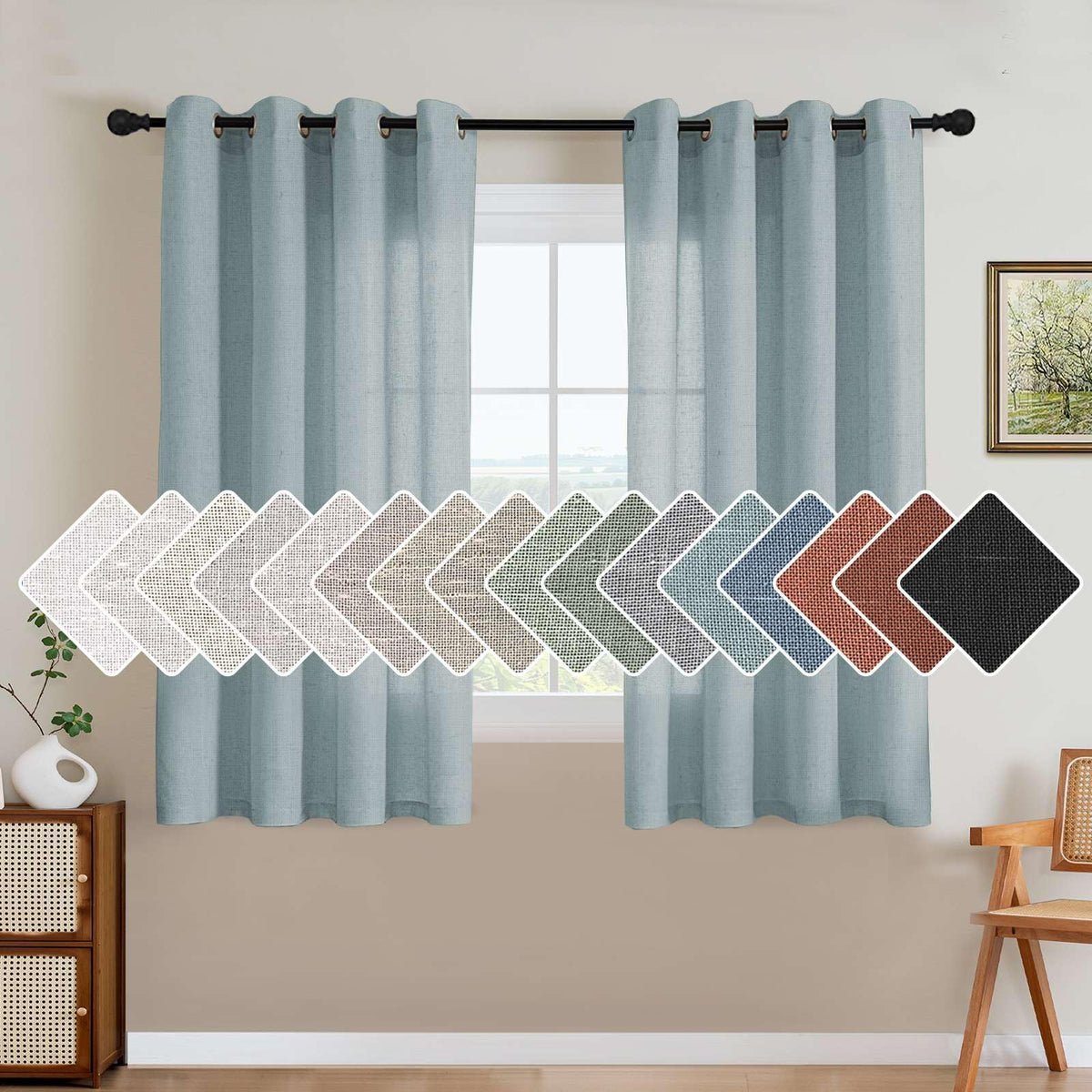 H.VERSAILTEX Natural Linen Grommet Curtains 84 Inch Length for Living Room 2 Panel Drape Semi Sheer Neutral Country Rustic Farmhouse Boho Curtain Bedroom Muslin Look Light Filtering, Heathered Natural
