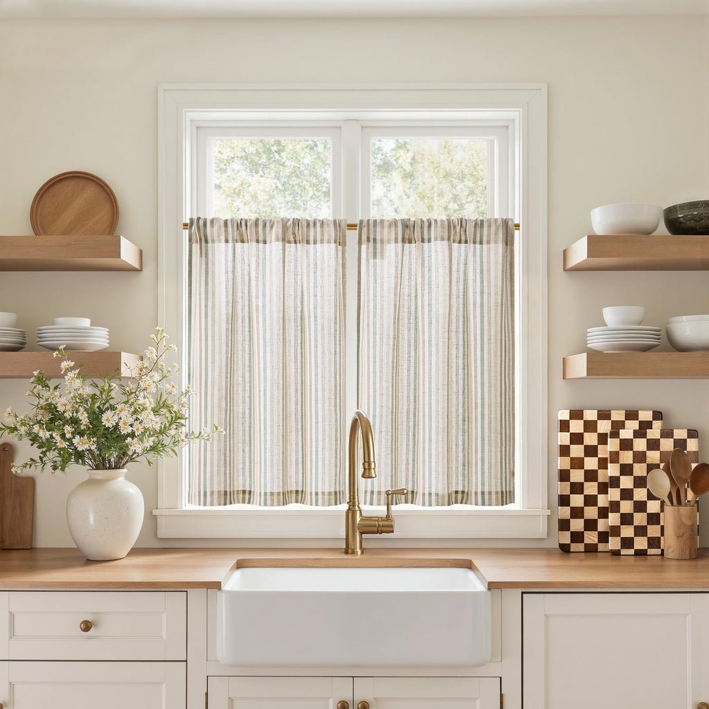 jinchan Striped Linen Kitchen Curtains 36 Inches Length Tier Curtains Farmhouse Modern Cafe Style Small Window Treatments Airy Light Filtering Rod Pocket for Living Room Bathroom 2 Panels Sage Green