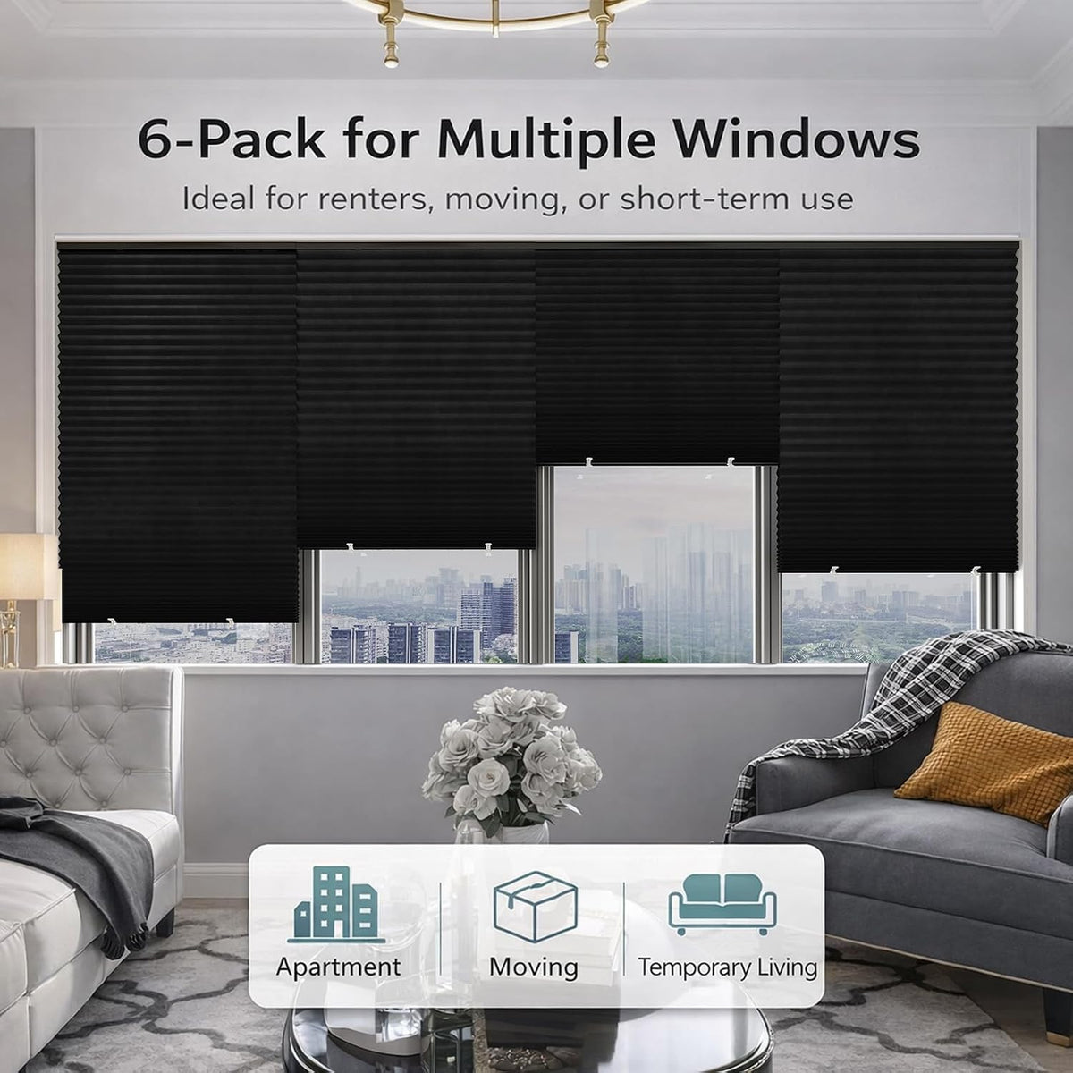 Changshade 6 Pack Temporary Shades,Blackout Pleated Paper Blinds for Indoor Windows Cut to Size Adhesive Paper Shades No Tools No Drilling for Office, Bedroom, Living Room, 36" W x 72" H, Black