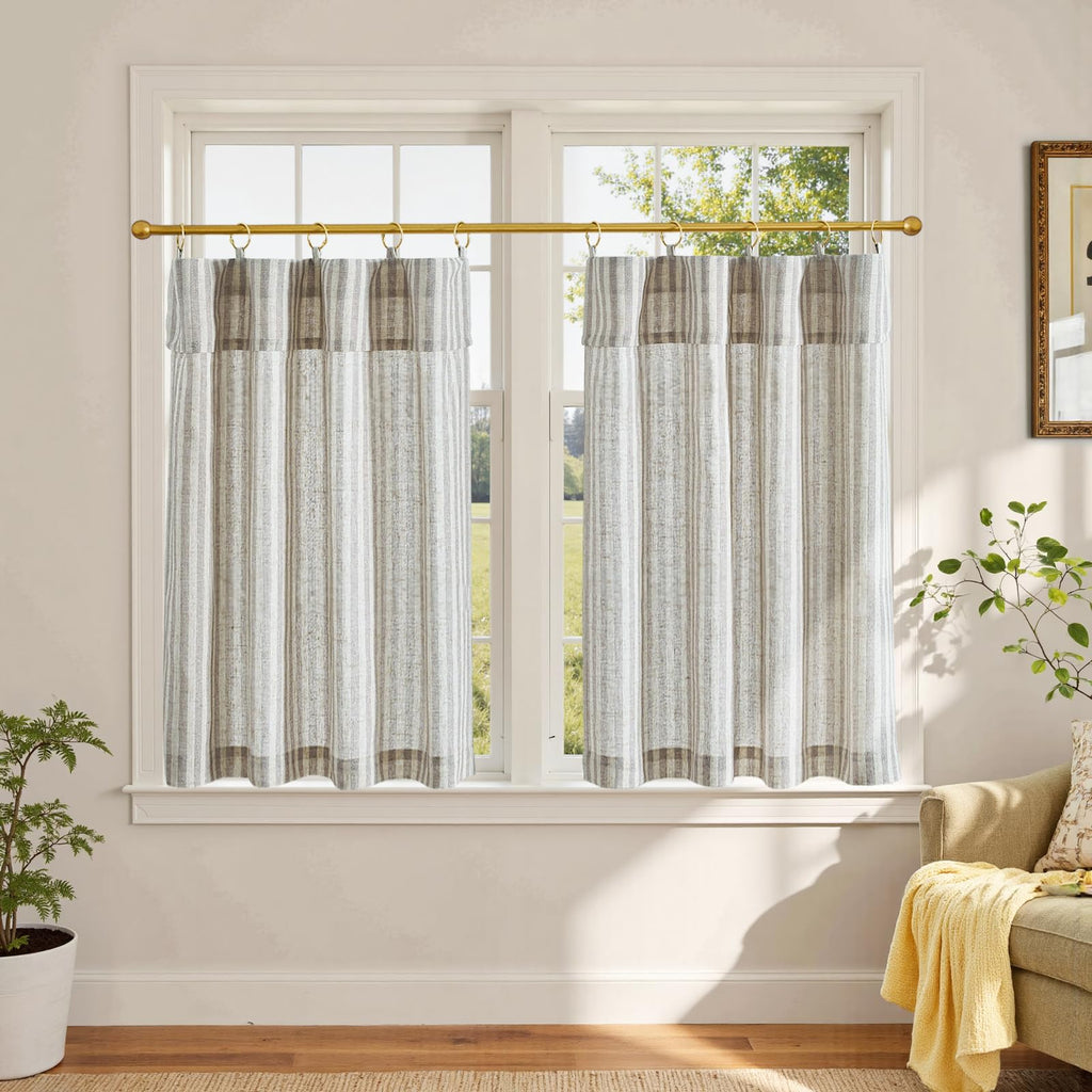 jinchan Striped Linen Kitchen Curtains 36 Inches Length Tier Curtains Farmhouse Modern Cafe Style Small Window Treatments Airy Light Filtering Rod Pocket for Living Room Bathroom 2 Panels Sage Green