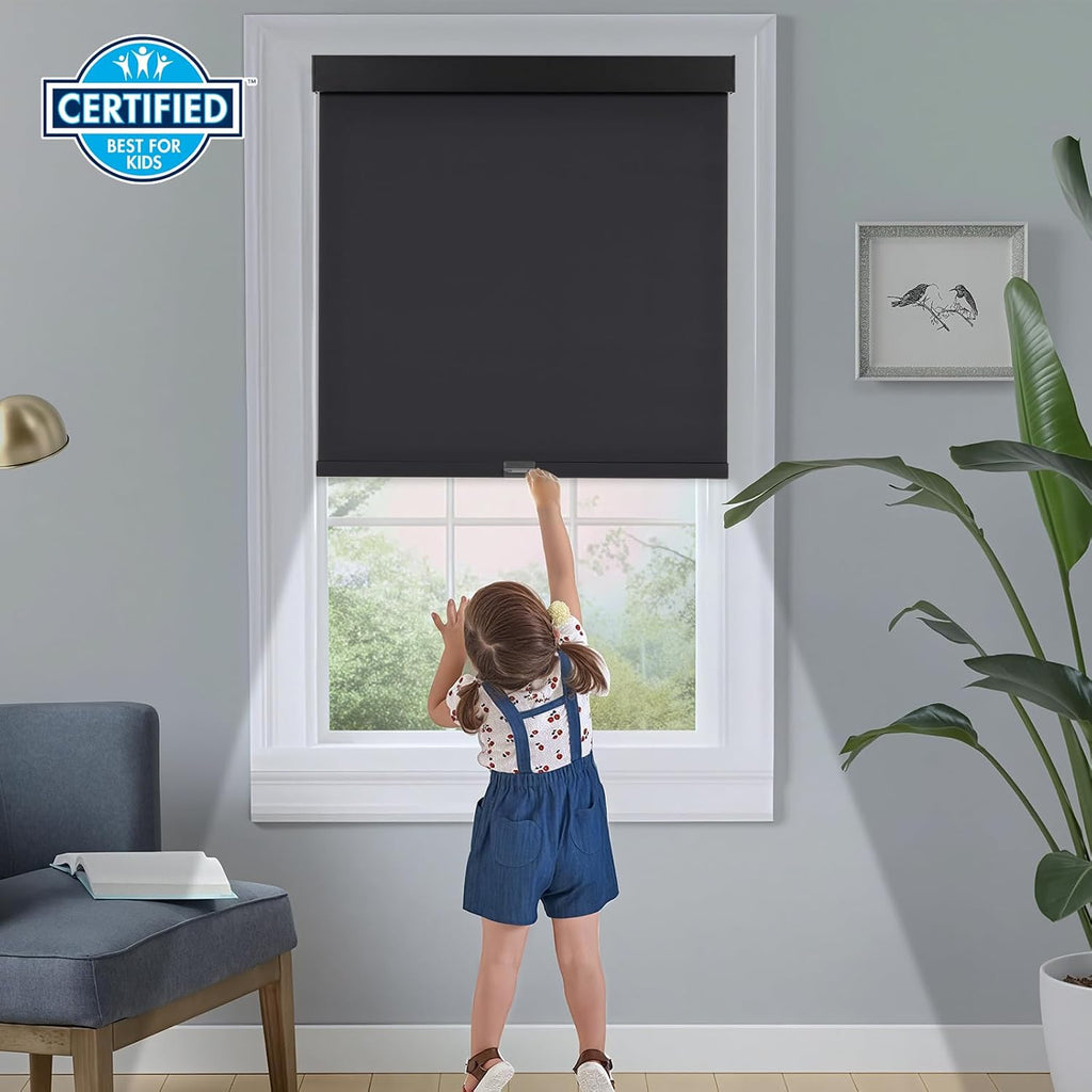 Persilux Cordless Blackout Roller Shades with Valance, Thermal Insulated Fabric Window Blinds, Free-Stop Shades for Home, Door and Bedroom (Black, 28" W x 72" H)