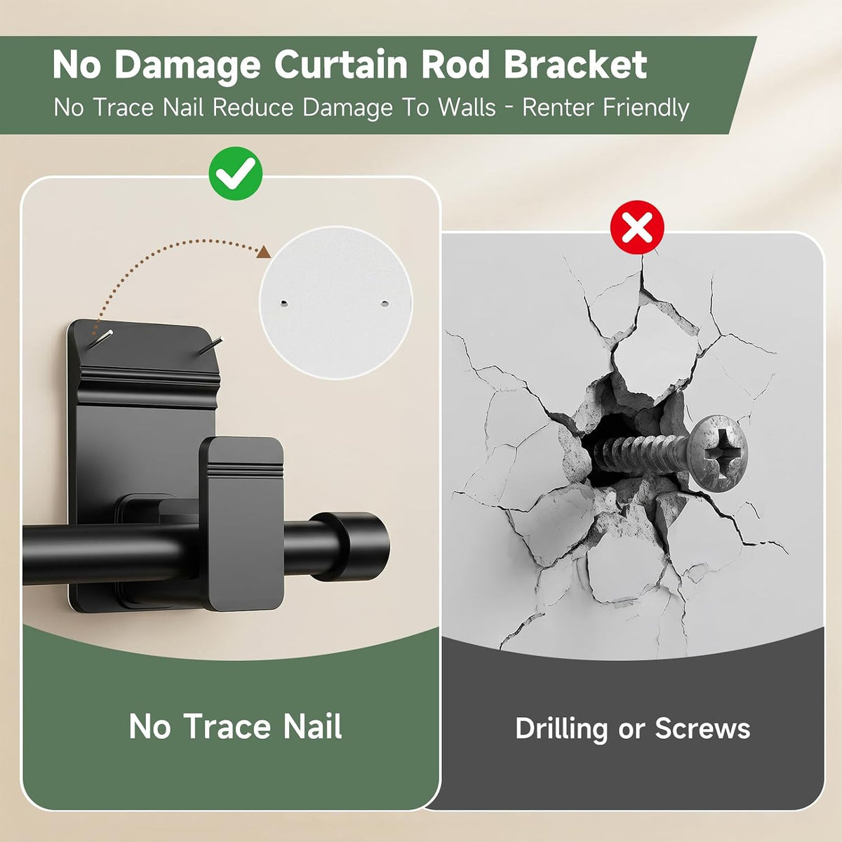 EKOTTOK No Drill Curtain Rod Brackets for 5/8" Rod, Heavy Duty 30LB+, Adhesive & Invisible Nail Curtain Rod Holders, Damage-Free Wall Mount Hooks for Bathroom, Kitchen, Bedroom (4PC, Black)