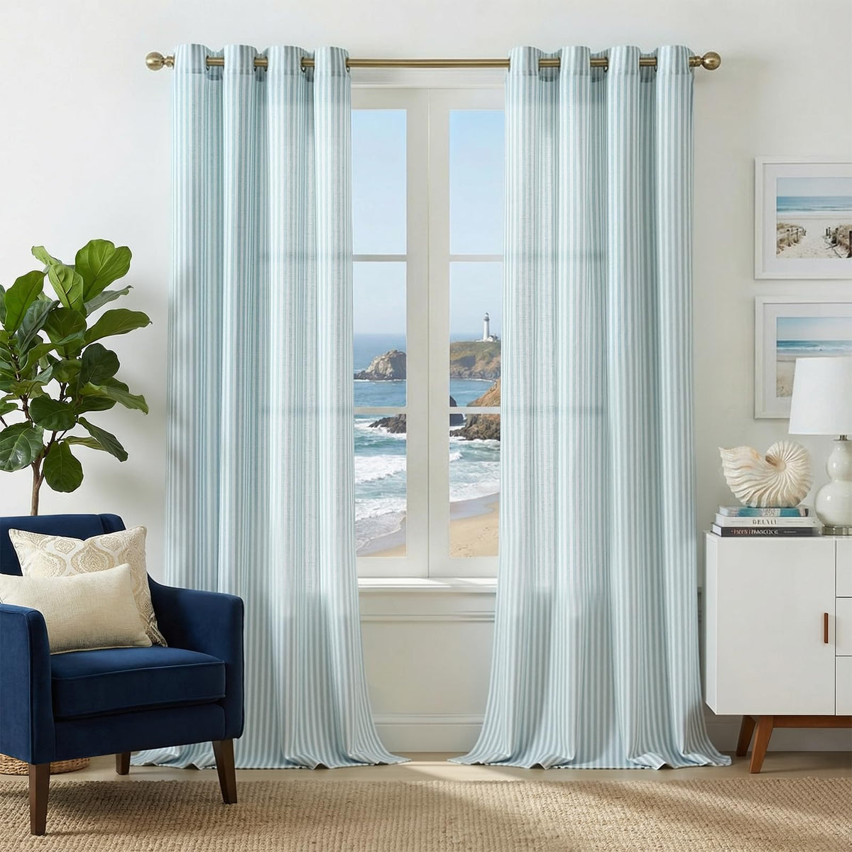 jinchan Linen Curtains 84 Inch Taupe Stripe on Linen Grommet 2 Panels
