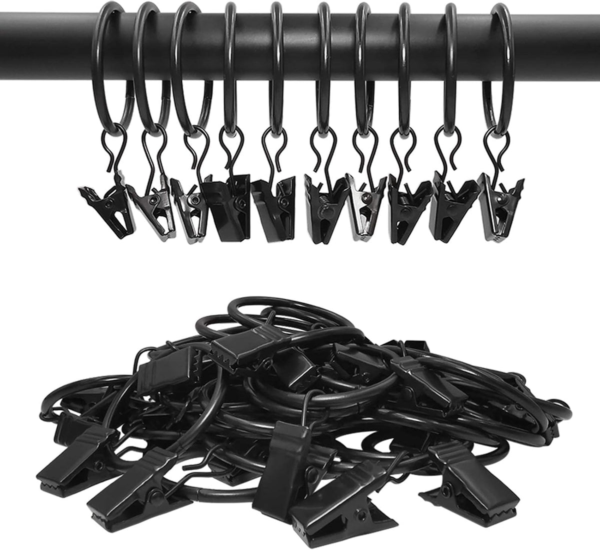 40 Pack Curtain Rings with Clips, Drapery Clips with Rings, Drapes Rings 1.26 in Interior Diameter, Fits up to 1 in Curtain Rod, Black