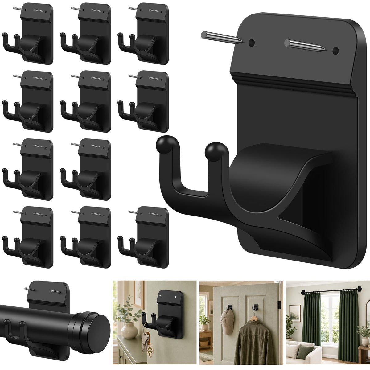 No Drill Curtain Rod Brackets, 8-Pack Adhesive Hooks with Invisible Nails