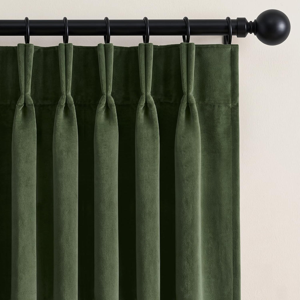 MIULEE Velvet Pinch Pleated Blackout Olive Green Curtains 40x96 Inches