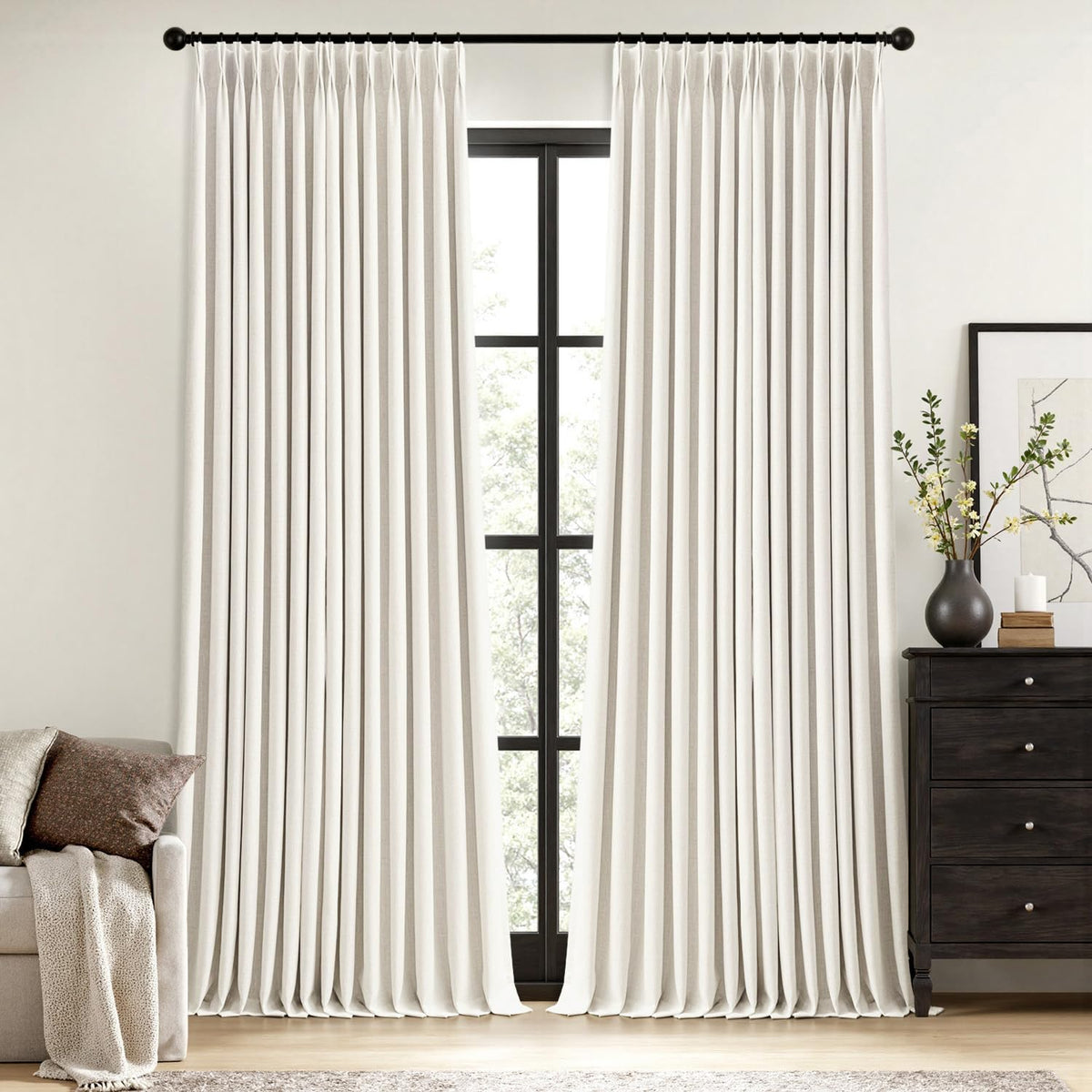 MIULEE Olive Green Pinch Pleated 100% Blackout Linen Curtains 40x108 Inches