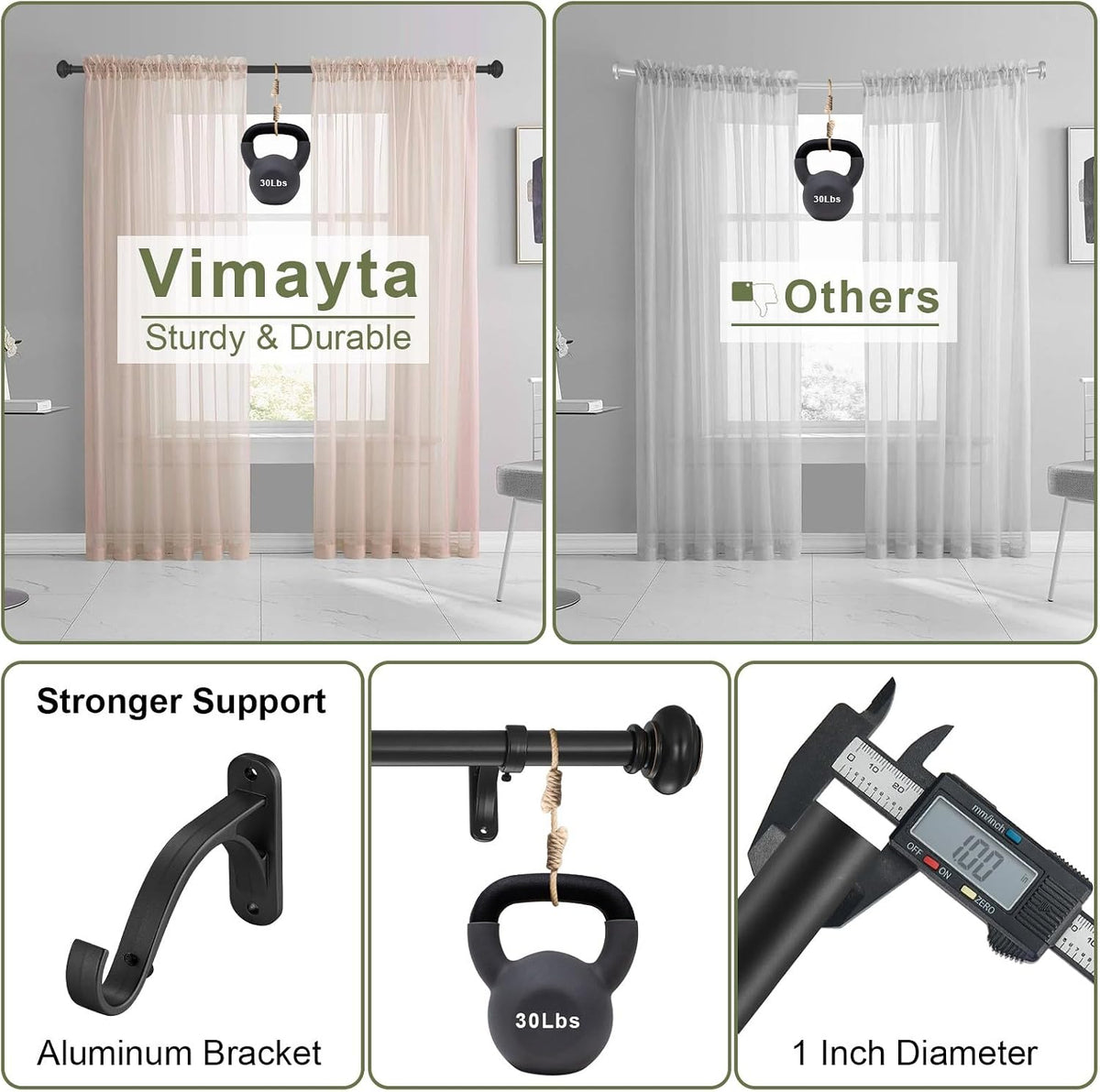 72-144 Inches Curtain Rods for Window, Vimayta 1 Inch Diameter Drapery Rod with Resin Finials, Ideal Adjustable Heavy Duty Single Curtains Rod for Bedroom, Living Room Decoration, Matte Black
