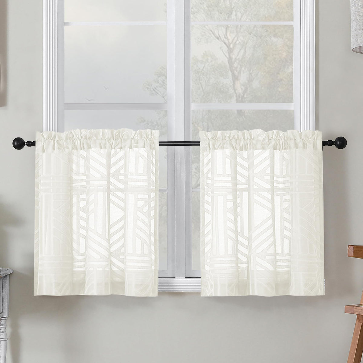 Simplebrand Dusty Blue Semi Sheer Curtains 45 Inch Length 2 Panels, Geometric Jacquard Clip Textured Short Sheer Curtains for Bedroom，Modern Elegant Window Curtains Drapes/Treatment Sheer，42x45 inch