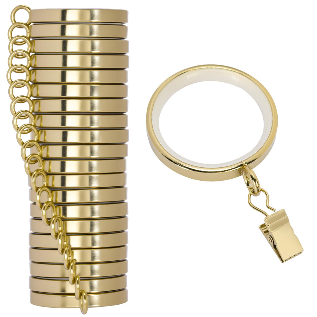 20 Pack Premium Easy Glide Curtain Rings with Clips, Metal Drapery Rings with Silent Nylon Inserts, 2 inch Diameter (1-5/8 inch Inside Diameter) Gold Curtain Rod Clips & Rings for Windows