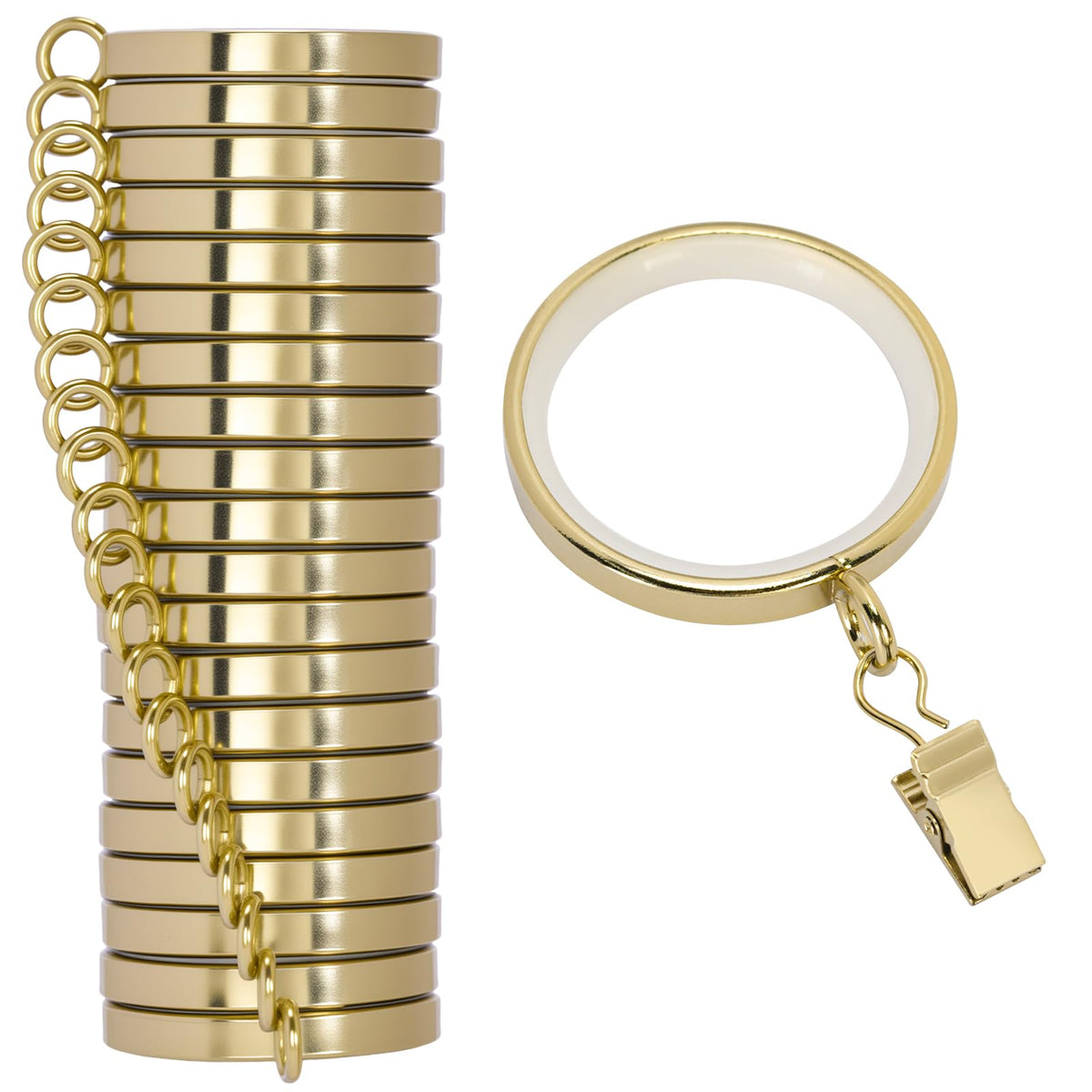 20 Pack Premium Easy Glide Curtain Rings with Clips, Metal Drapery Rings with Silent Nylon Inserts, 2 inch Diameter (1-5/8 inch Inside Diameter) Gold Curtain Rod Clips & Rings for Windows