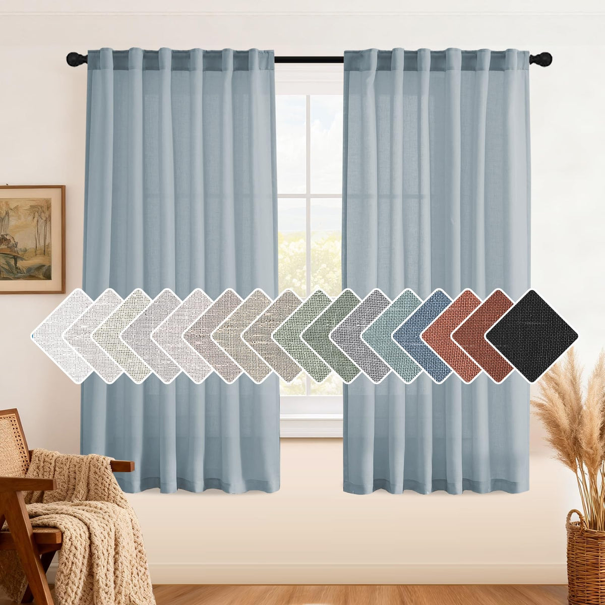 H.VERSAILTEX Natural Linen Grommet Curtains 84 Inch Length for Living Room 2 Panel Drape Semi Sheer Neutral Country Rustic Farmhouse Boho Curtain Bedroom Muslin Look Light Filtering, Heathered Natural