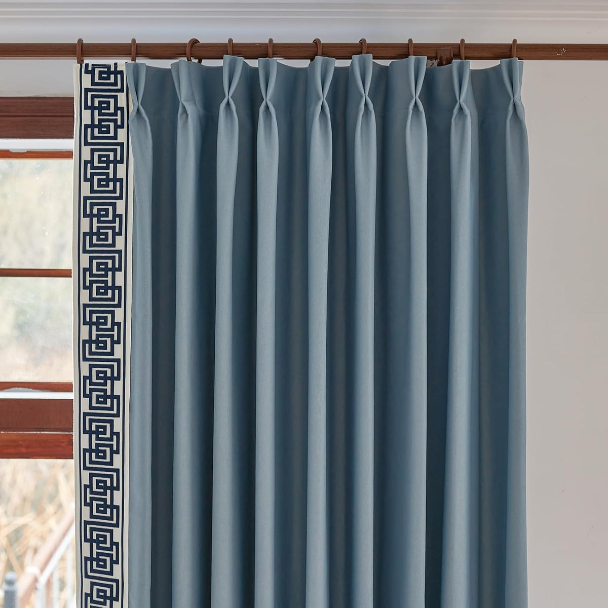 VisionaryHomeDesign Blue Pinch Pleat Cotton Linen Blend Curtains, Drapes with Greek Key Trim, Room Darkening Curtains for Rooms Doors Windows (50‘’W x 84‘’L)