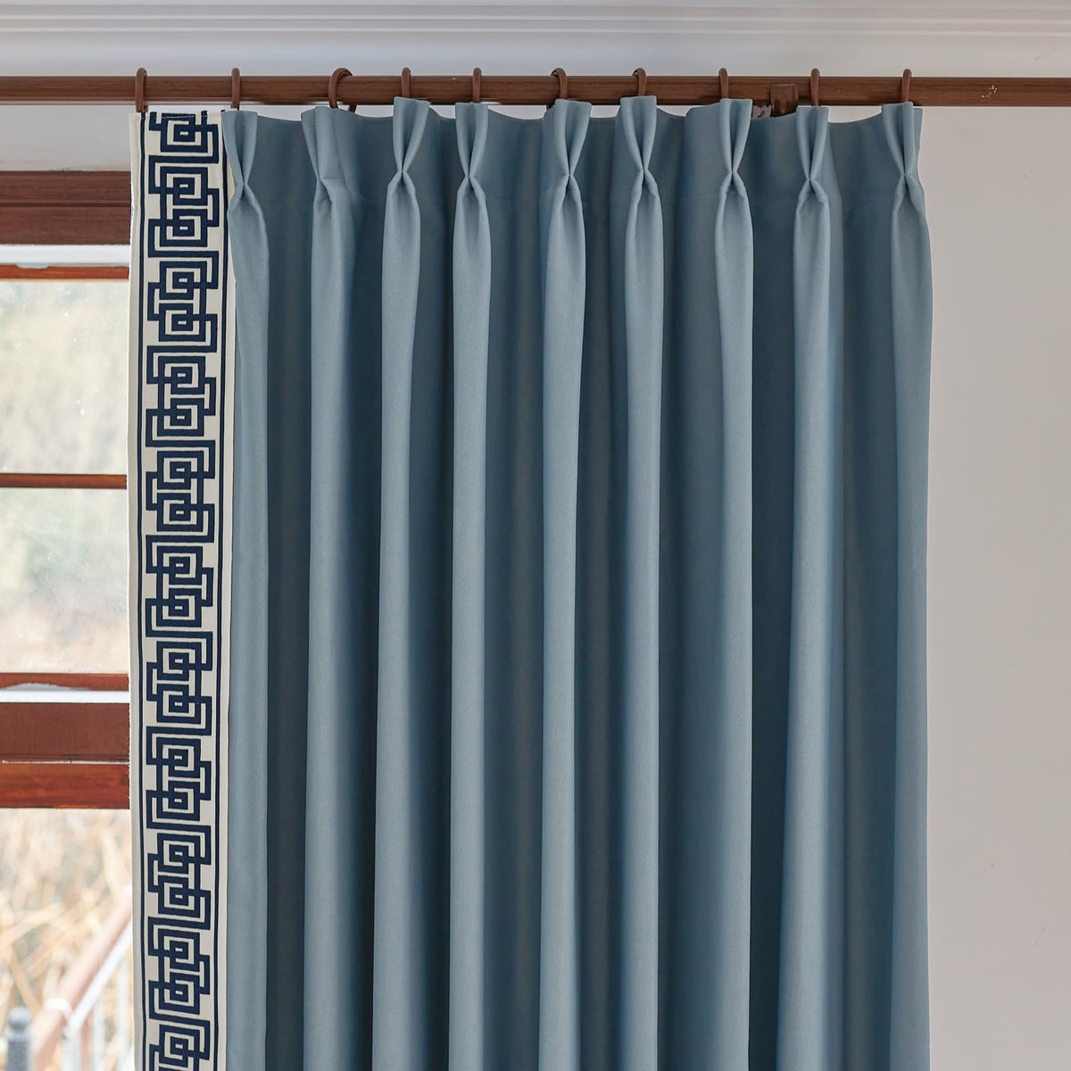 VisionaryHomeDesign Blue Pinch Pleat Cotton Linen Blend Curtains, Drapes with Greek Key Trim, Room Darkening Curtains for Rooms Doors Windows (50‘’W x 84‘’L)
