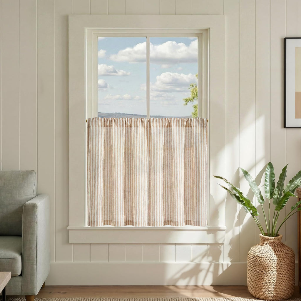 jinchan Striped Linen Kitchen Curtains 36 Inches Length Tier Curtains Farmhouse Modern Cafe Style Small Window Treatments Airy Light Filtering Rod Pocket for Living Room Bathroom 2 Panels Sage Green