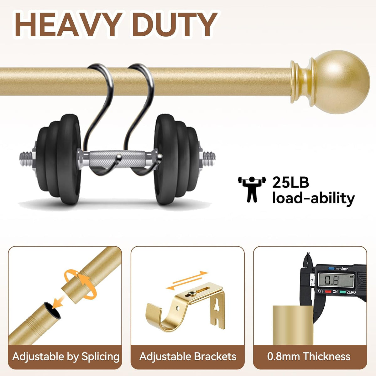 Gold Curtain Rod for Windows 28 to 48 Inch, 5/8 Inch Diameter Heavy Duty Splicing Adjustable Curtain Rods With Brackets, Easy to Install, Suitable for Bedroom, Patio and Outdoor