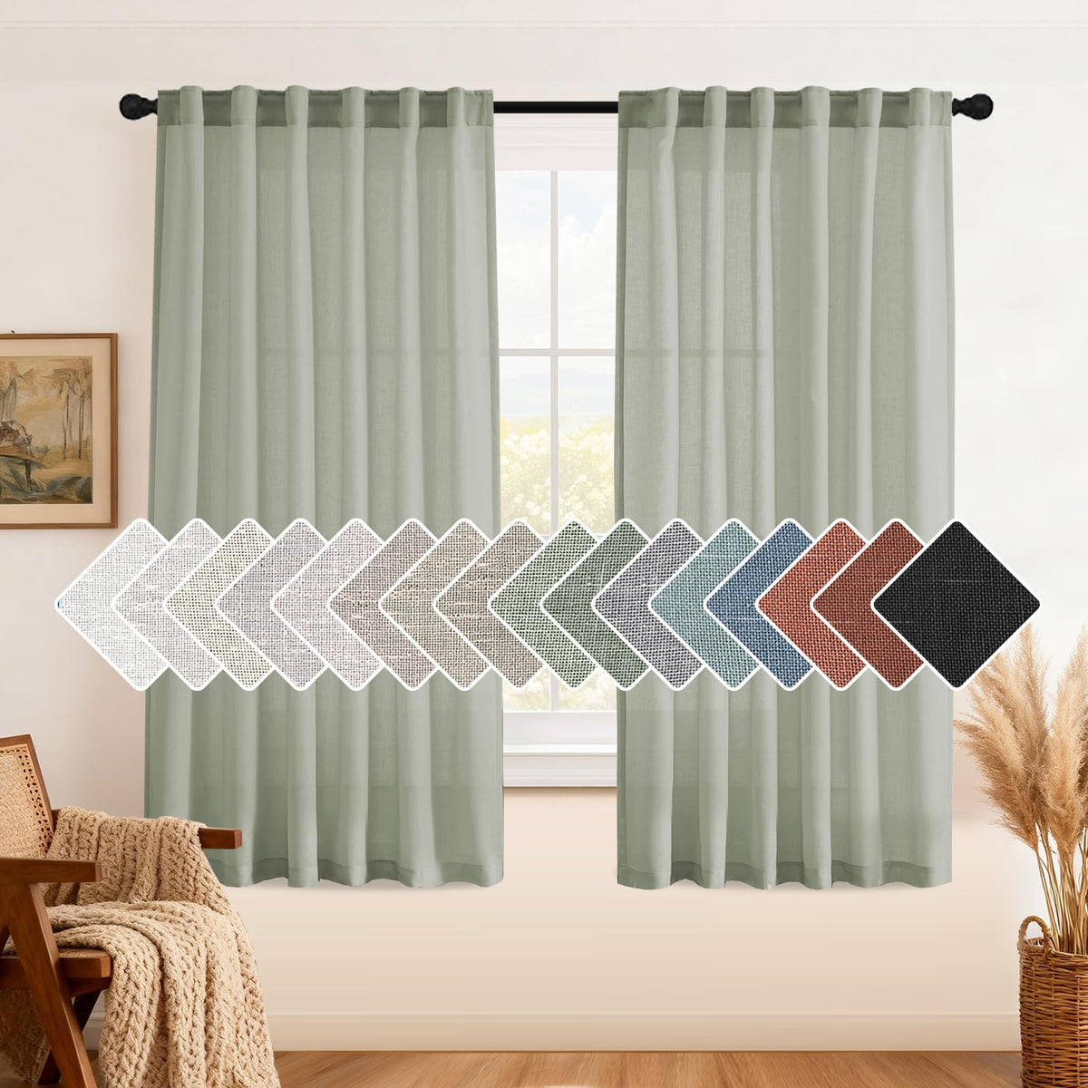 H.VERSAILTEX Natural Linen Grommet Curtains 84 Inch Length for Living Room 2 Panel Drape Semi Sheer Neutral Country Rustic Farmhouse Boho Curtain Bedroom Muslin Look Light Filtering, Heathered Natural