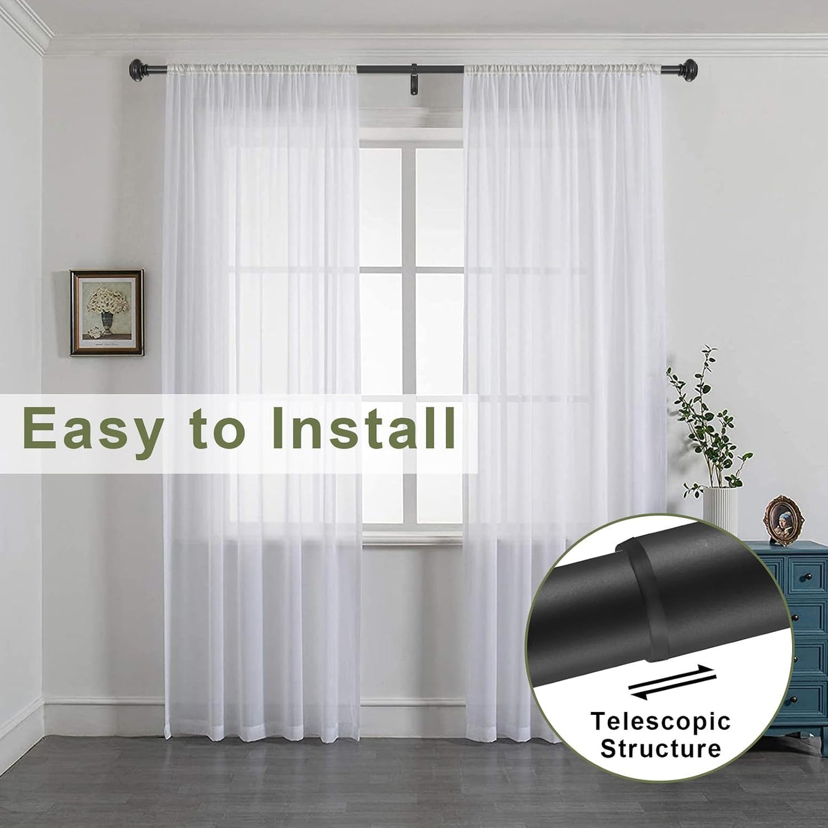 72-144 Inches Curtain Rods for Window, Vimayta 1 Inch Diameter Drapery Rod with Resin Finials, Ideal Adjustable Heavy Duty Single Curtains Rod for Bedroom, Living Room Decoration, Matte Black