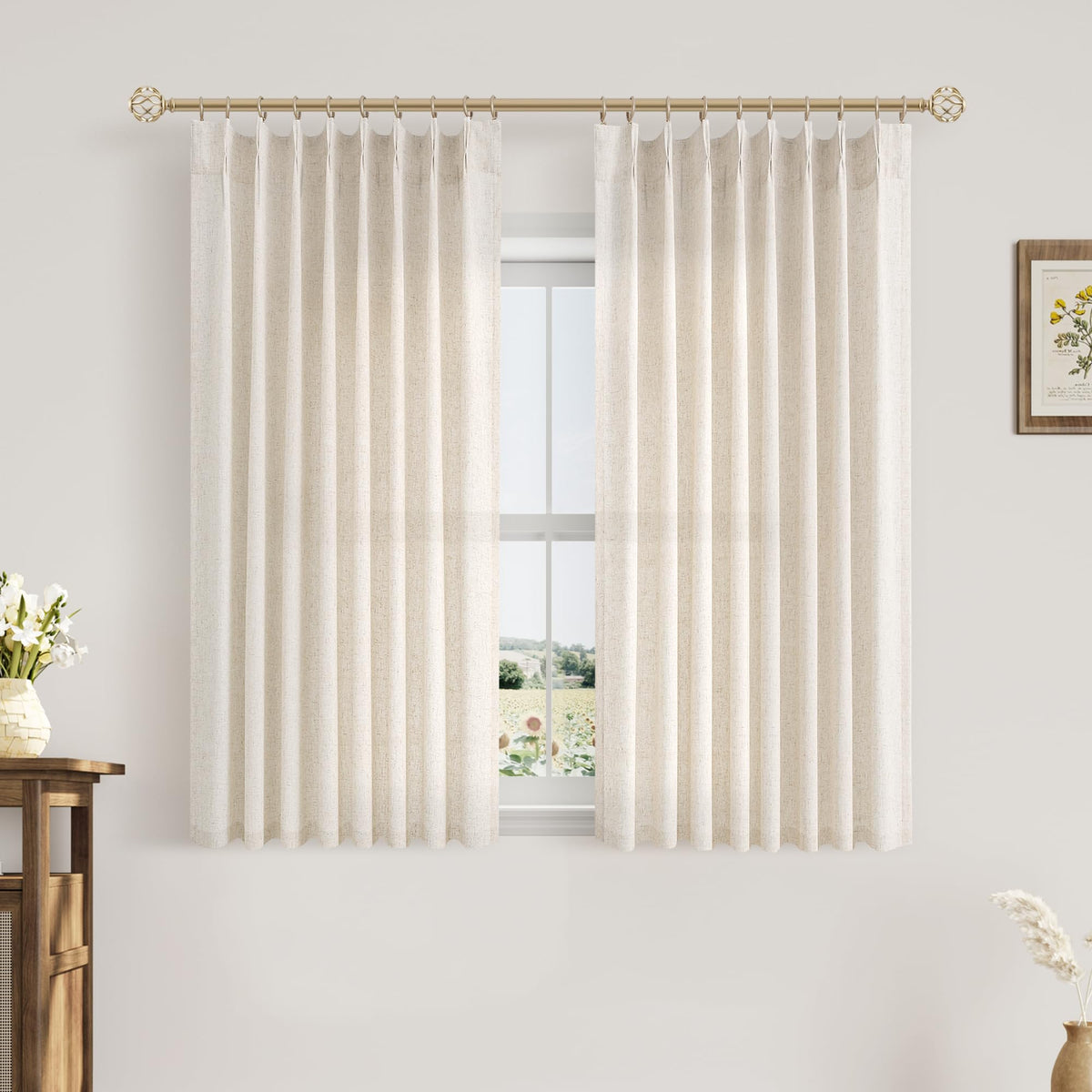Aersas Linen Pinch Pleated Curtains 84 Inch Length 2 Panels Set for Living Room Cream Semi Sheer Window Curtain for Bedroom Boho Farmhouse Neutral Back Tab Drape Decor with Hooks, Natural Beige Ivory