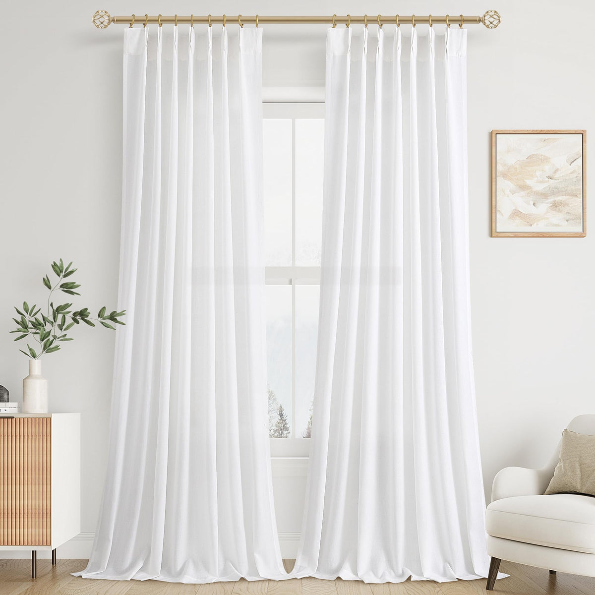 Aersas Linen Pinch Pleated Curtains 84 Inch Length 2 Panels Set for Living Room Cream Semi Sheer Window Curtain for Bedroom Boho Farmhouse Neutral Back Tab Drape Decor with Hooks, Natural Beige Ivory