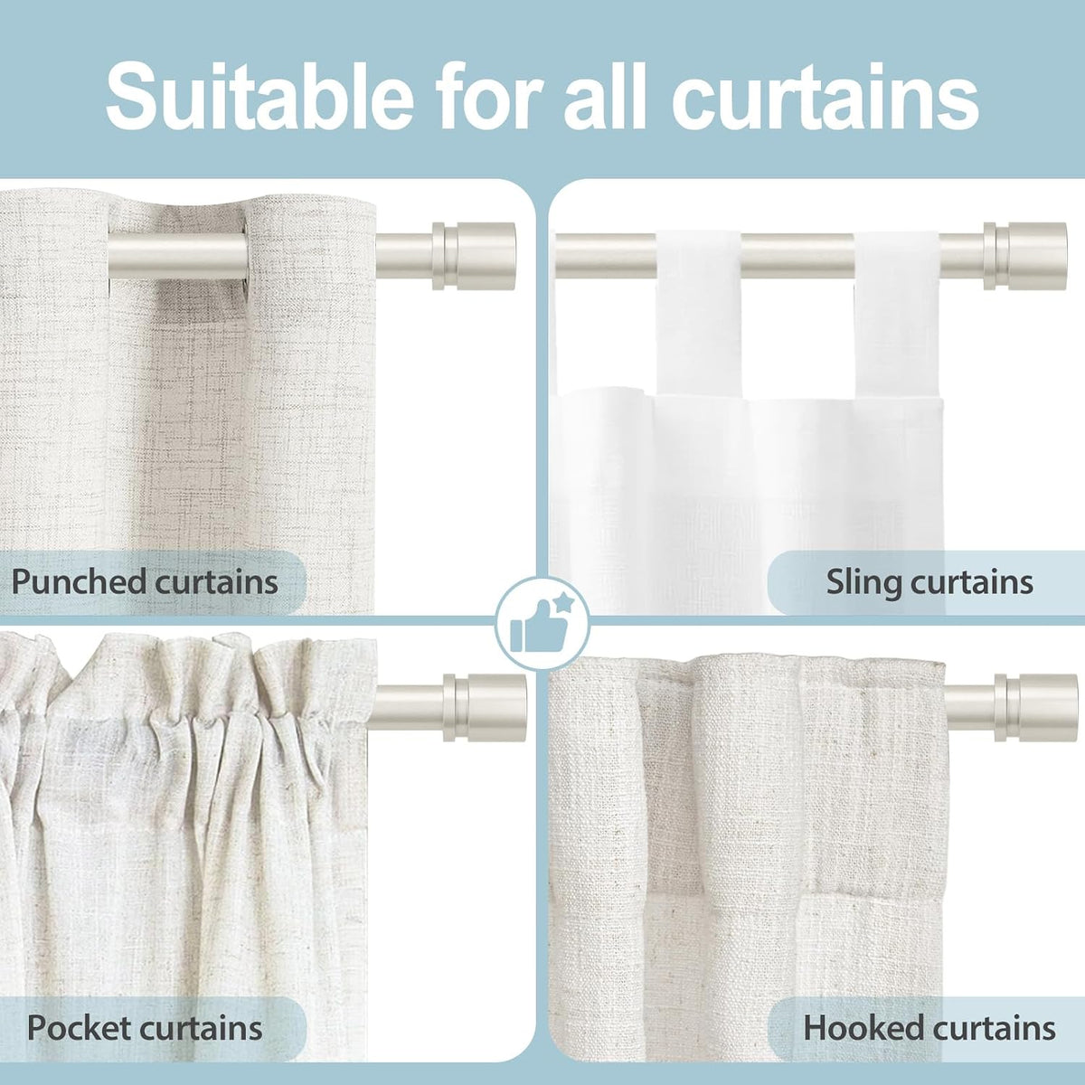 Byondeth Curtain Rods for Windows 16 to 144 Inches Adjustable Length 1 Inch Diameter Window Curtain Rod with Aluminium End Cap, Brushed Nickel