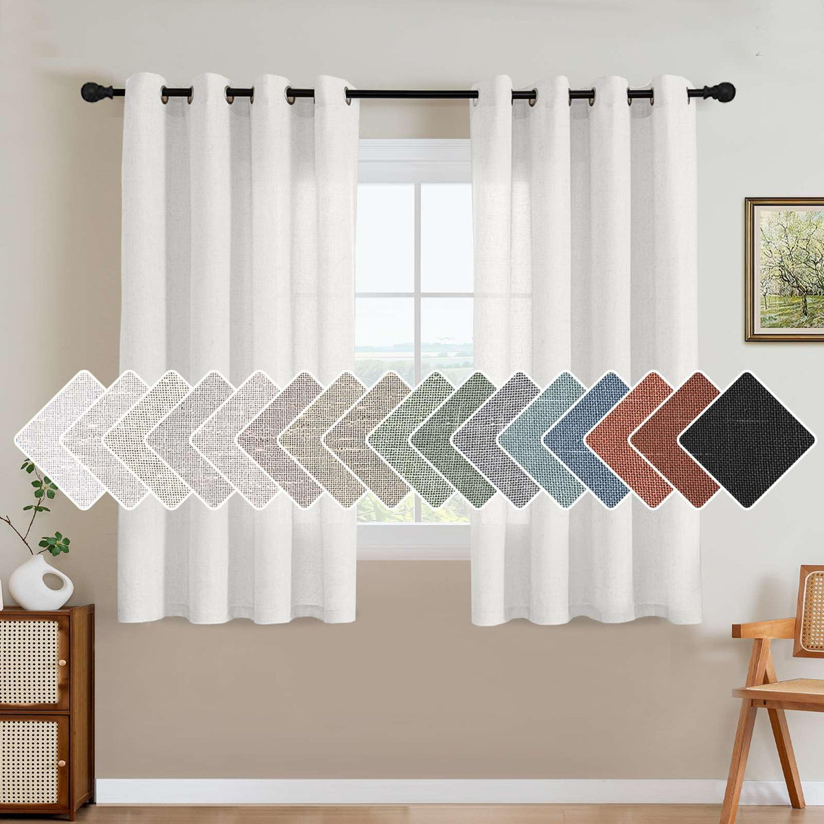 H.VERSAILTEX Natural Linen Grommet Curtains 84 Inch Length for Living Room 2 Panel Drape Semi Sheer Neutral Country Rustic Farmhouse Boho Curtain Bedroom Muslin Look Light Filtering, Heathered Natural