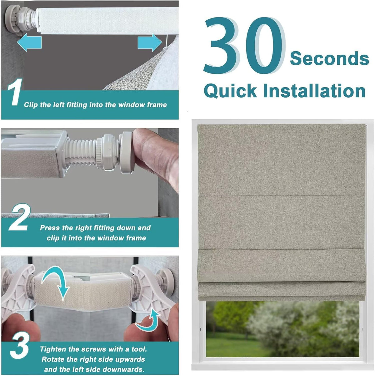 Changshade No Drill Roman Shades Cordless Blinds Blackout for Indoor Windows, Room Darkening Black Out Tension Rod No Hardware No Tools Inside Mount, Shade Size 27 Inches Wide 64 Inches High, Beige