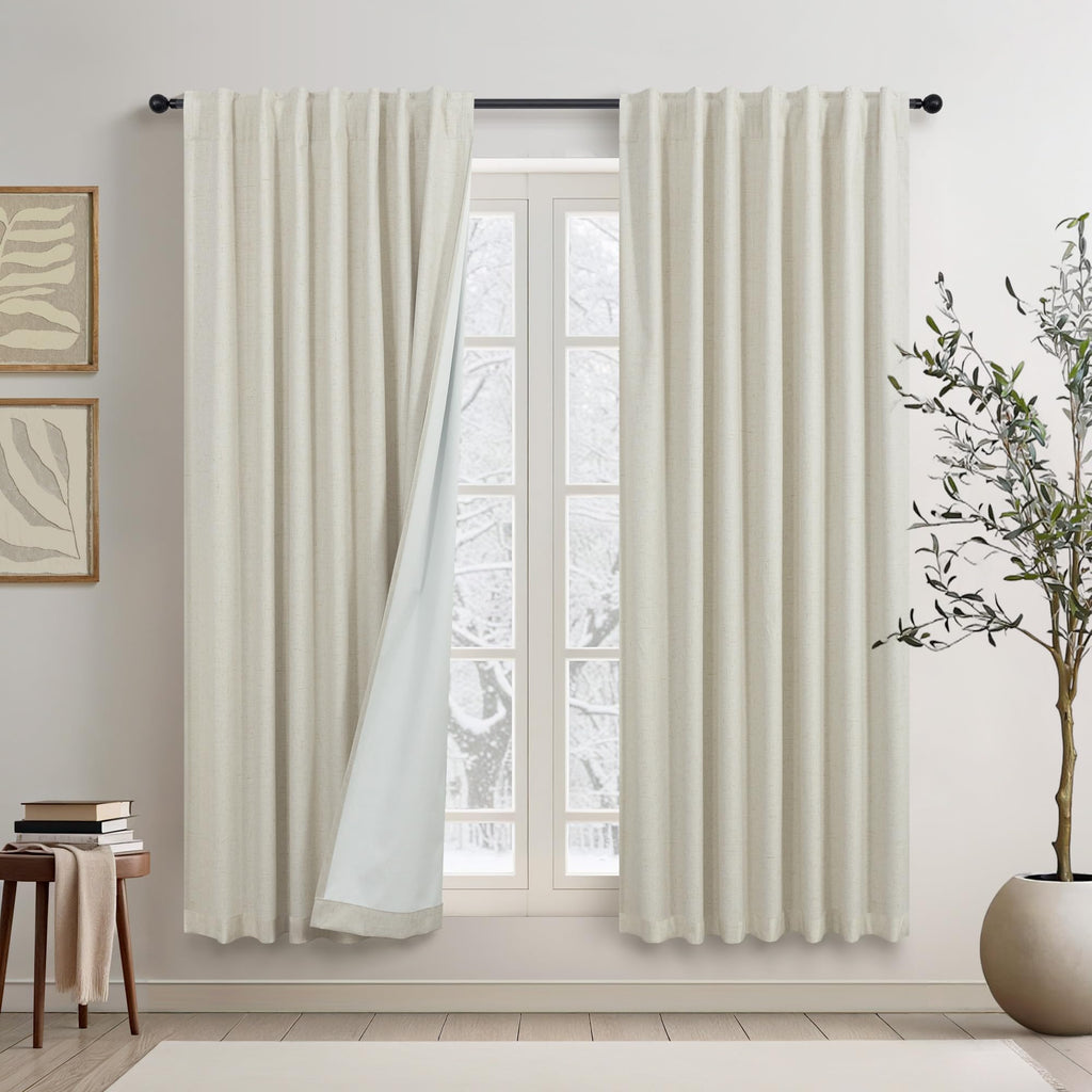 Natural Linen Back Tab Blackout Curtains & Drapes 96 Inch Long for Bedroom Livingroom Farmhouse Curtain 2 Panel Neutral Cute Black Out Room Darkening Thermal Insulated 8ft Pleated Window Curtain Cream