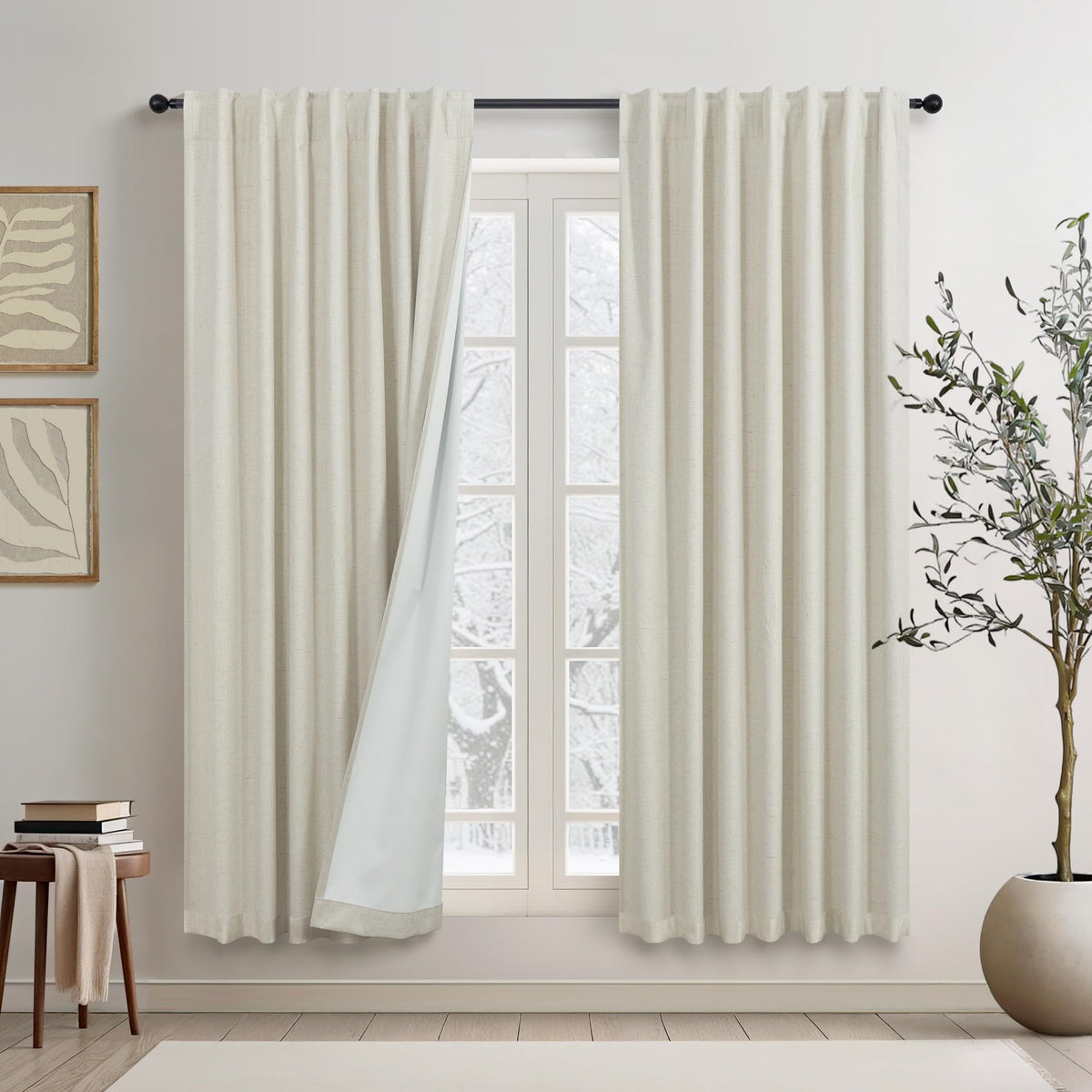 Natural Linen Back Tab Blackout Curtains & Drapes 96 Inch Long for Bedroom Livingroom Farmhouse Curtain 2 Panel Neutral Cute Black Out Room Darkening Thermal Insulated 8ft Pleated Window Curtain Cream