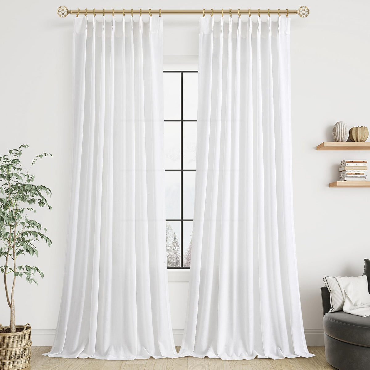 Aersas Linen Pinch Pleated Curtains 84 Inch Length 2 Panels Set for Living Room Cream Semi Sheer Window Curtain for Bedroom Boho Farmhouse Neutral Back Tab Drape Decor with Hooks, Natural Beige Ivory